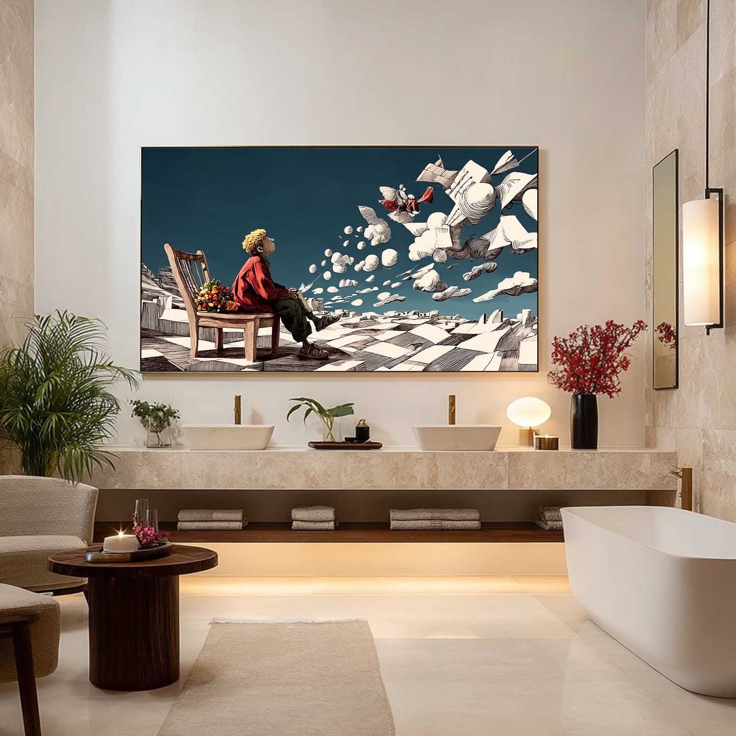 Surreal Boy on Chair with Flying Paper Floor – Conceptual Cloud Art | Mesonart