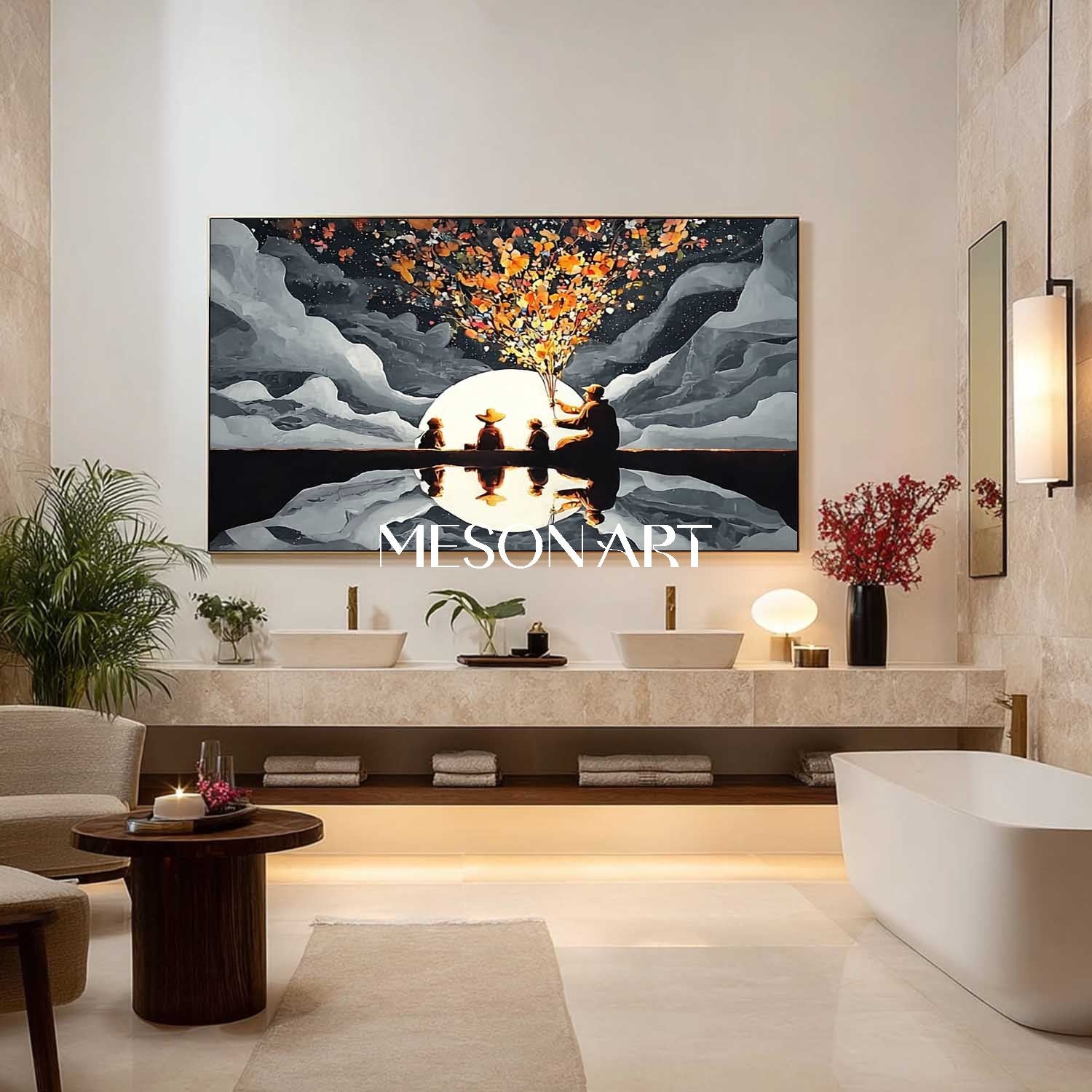 Surreal Moonlight Fireworks with Grandpa and Children – Dreamlike Family Art | Mesonart