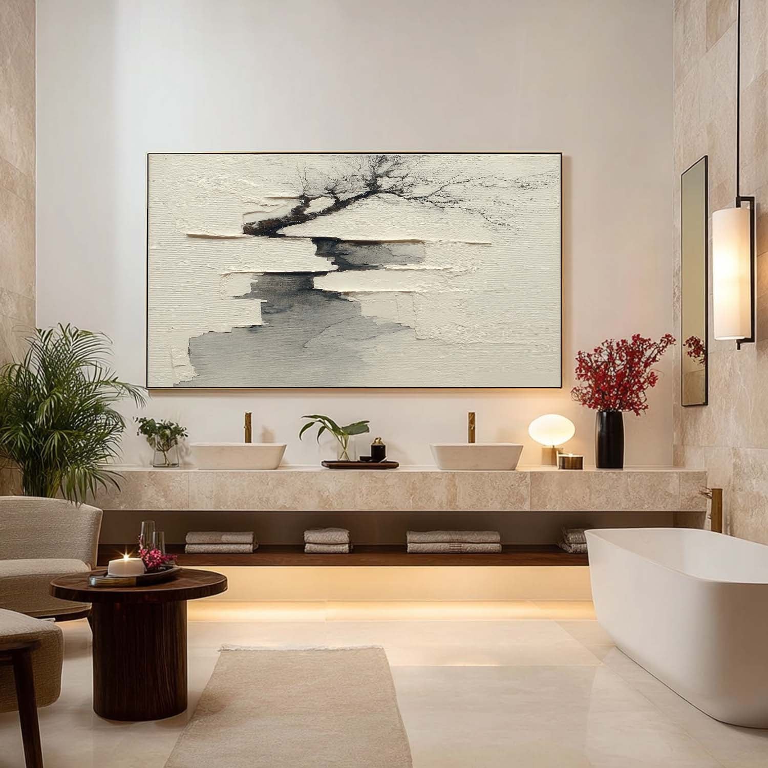 Beige And Black Minimalist Landscape Painting Wabi-Sabi Wall Art Decor Minimalist Landscape Art