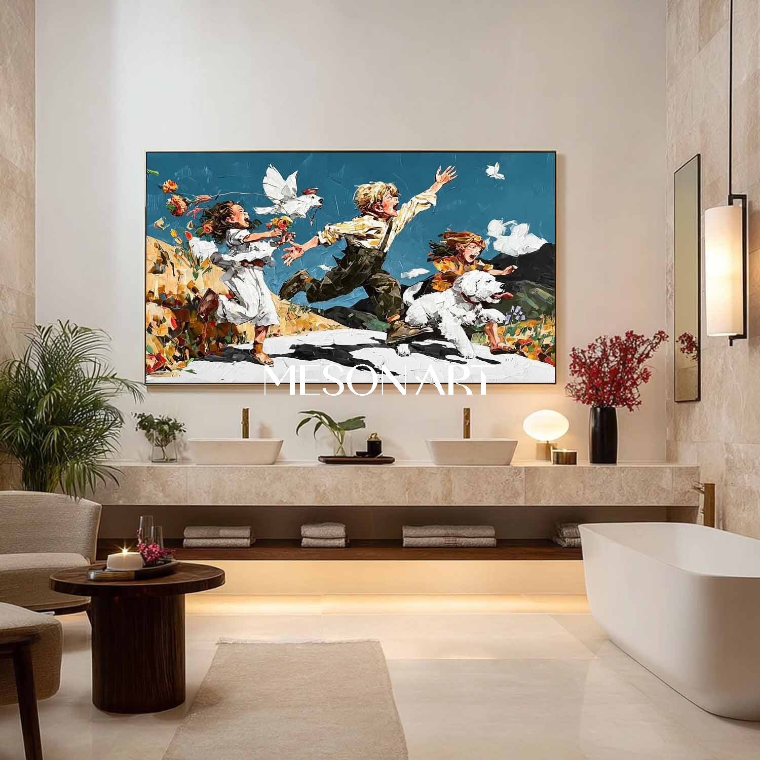 Magical Childhood Moment – Surreal Canvas with Kids and Pet Dog