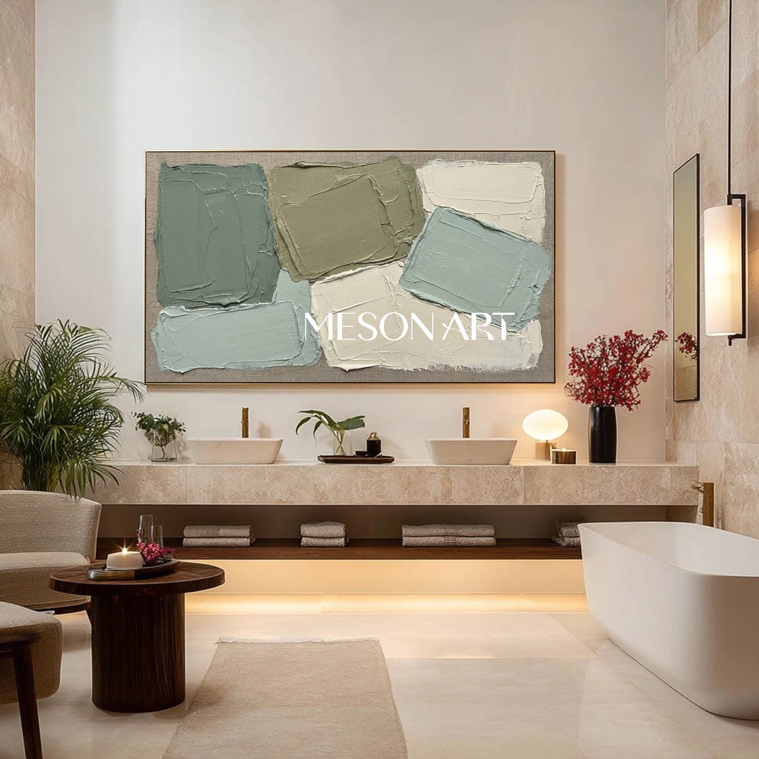 Sage Green Wall Art Abstract Color Block Painting Textured Canvas Painting