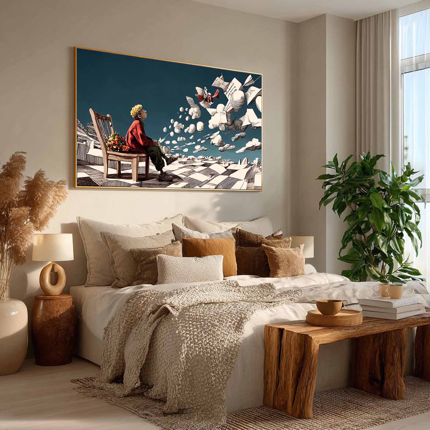 Surreal Boy on Chair with Flying Paper Floor – Conceptual Cloud Art | Mesonart