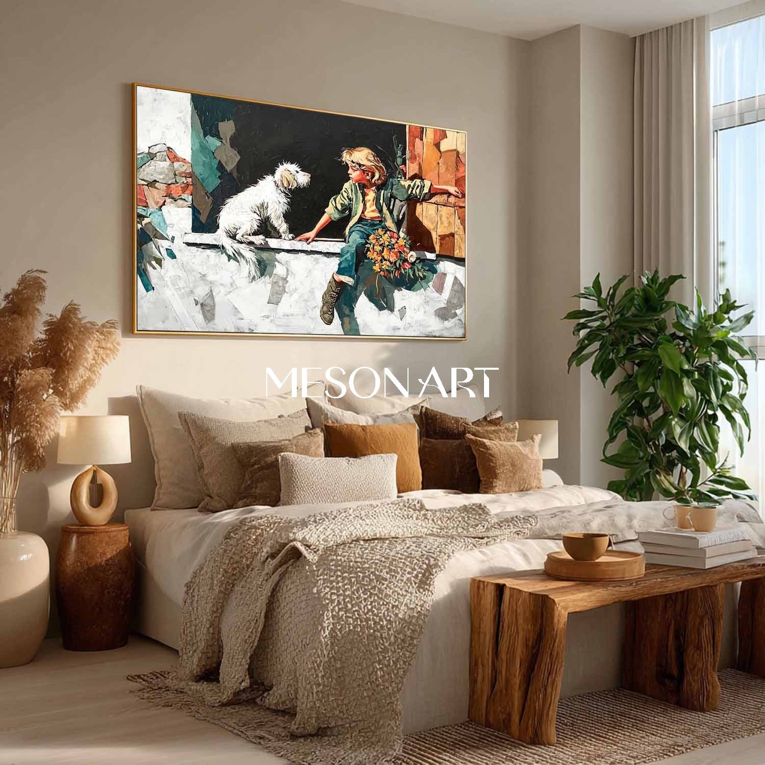 Surreal Blonde Boy and Dog – Dreamlike Stone Window Wall Art| Mesonart