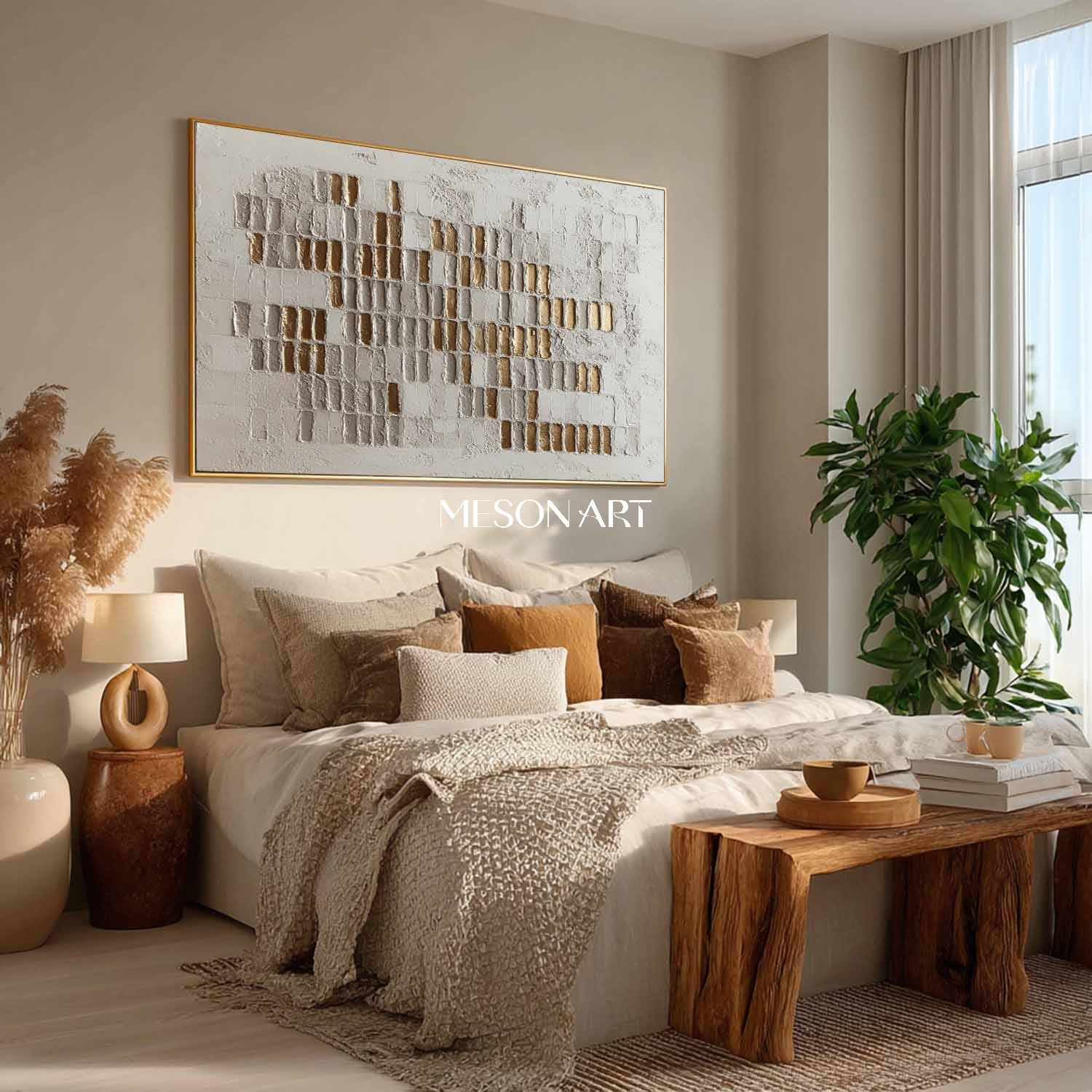 Modern Wall Decor Ideas Gold and White Abstract Textured Canvas Art for Sale Wabi-Sabi Art