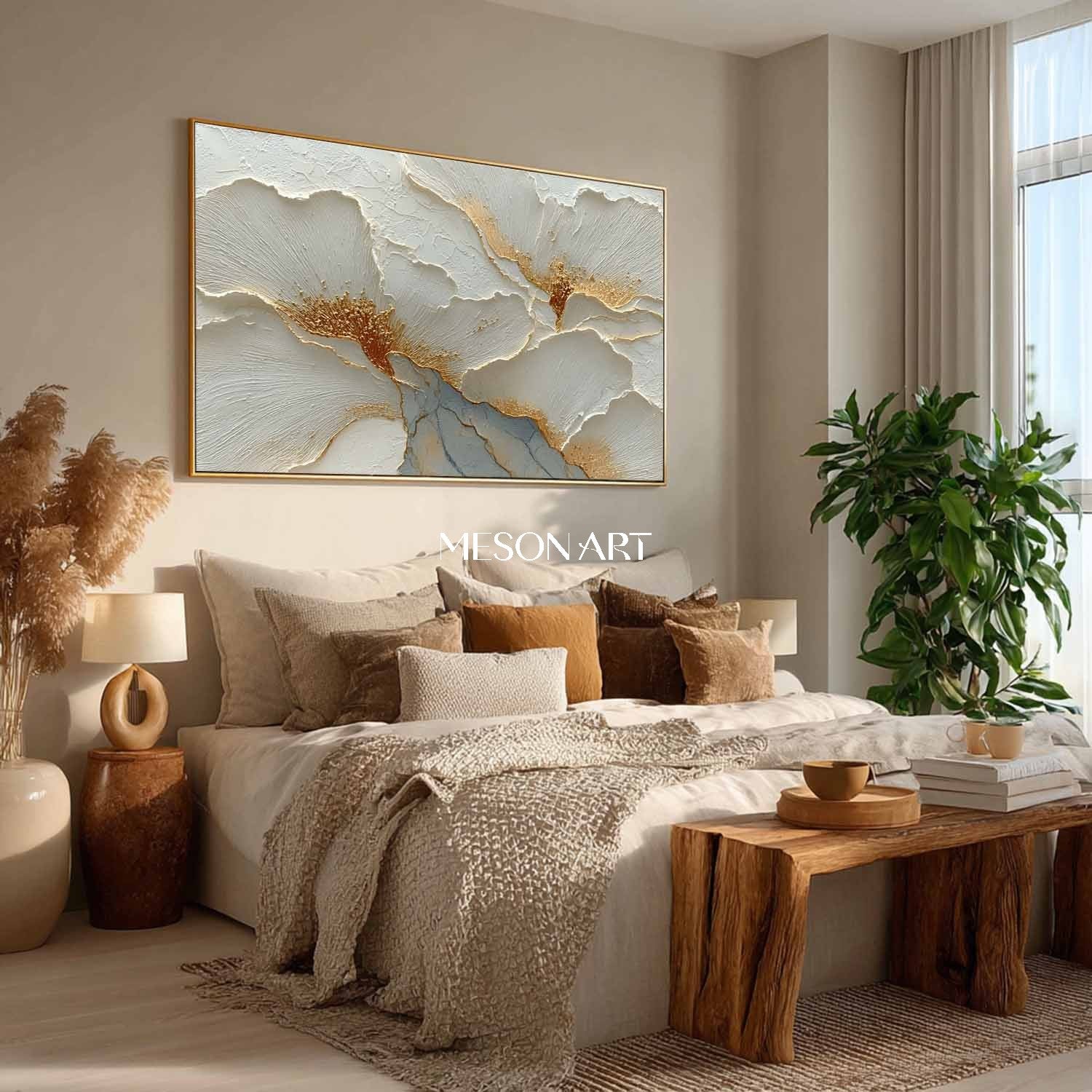 Large Gold and White Floral Plaster Canvas Art Modern Plaster Wall Art Decoration Ideas