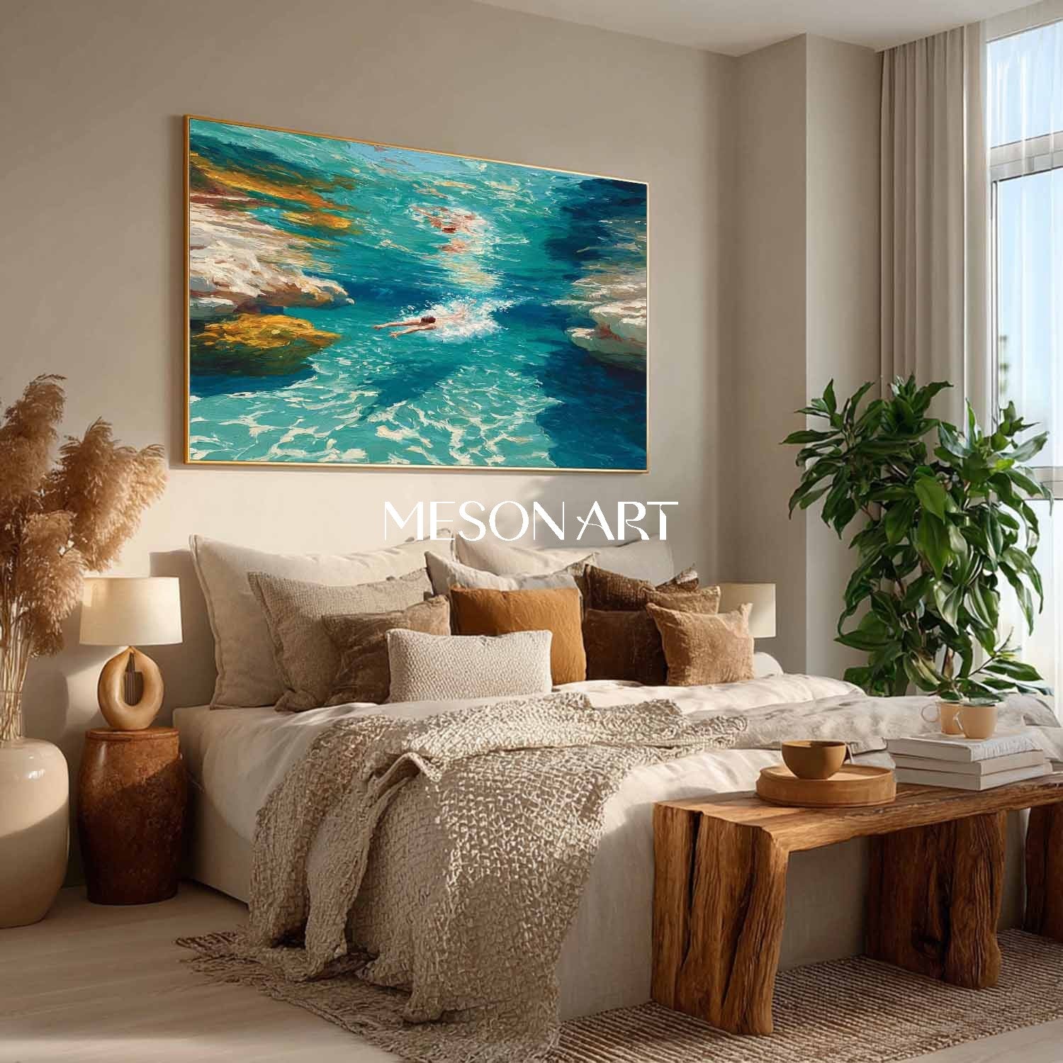 Ocean Swimming Painting Modern Pool Wall Decor Sunny Poolside Canvas Art