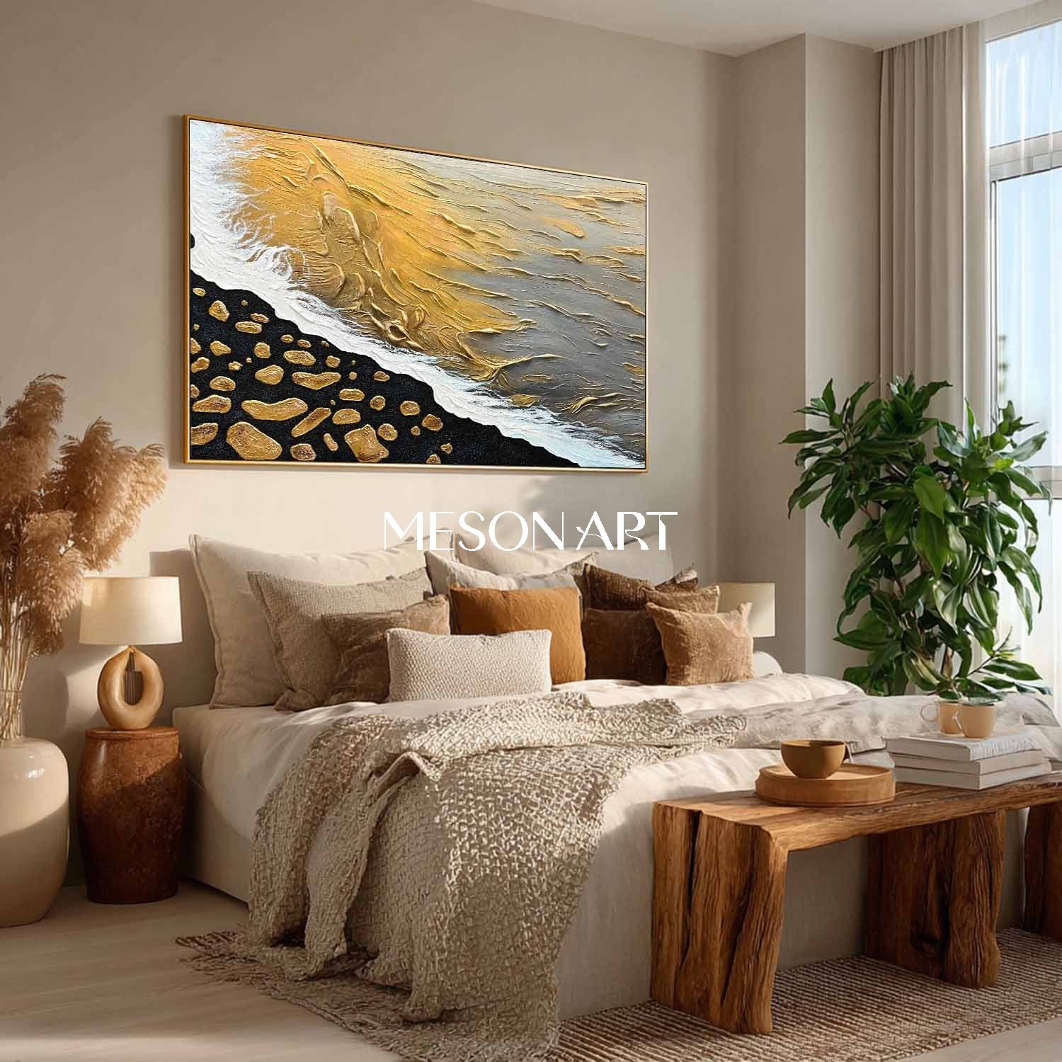 Gold and Black Wave and Beach Textured Canvas Art, Wave and Beach Texture Painting