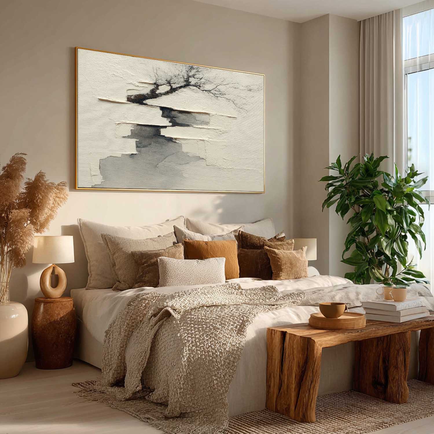 Beige And Black Minimalist Landscape Painting Wabi-Sabi Wall Art Decor Minimalist Landscape Art