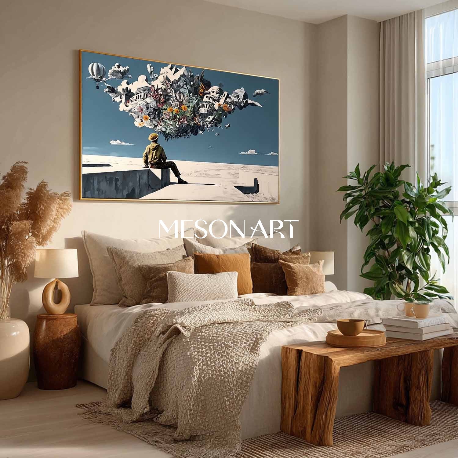 Surreal Boy and City Wall Art Floating City Balloons Painting Funny Surrealism Urban Scene