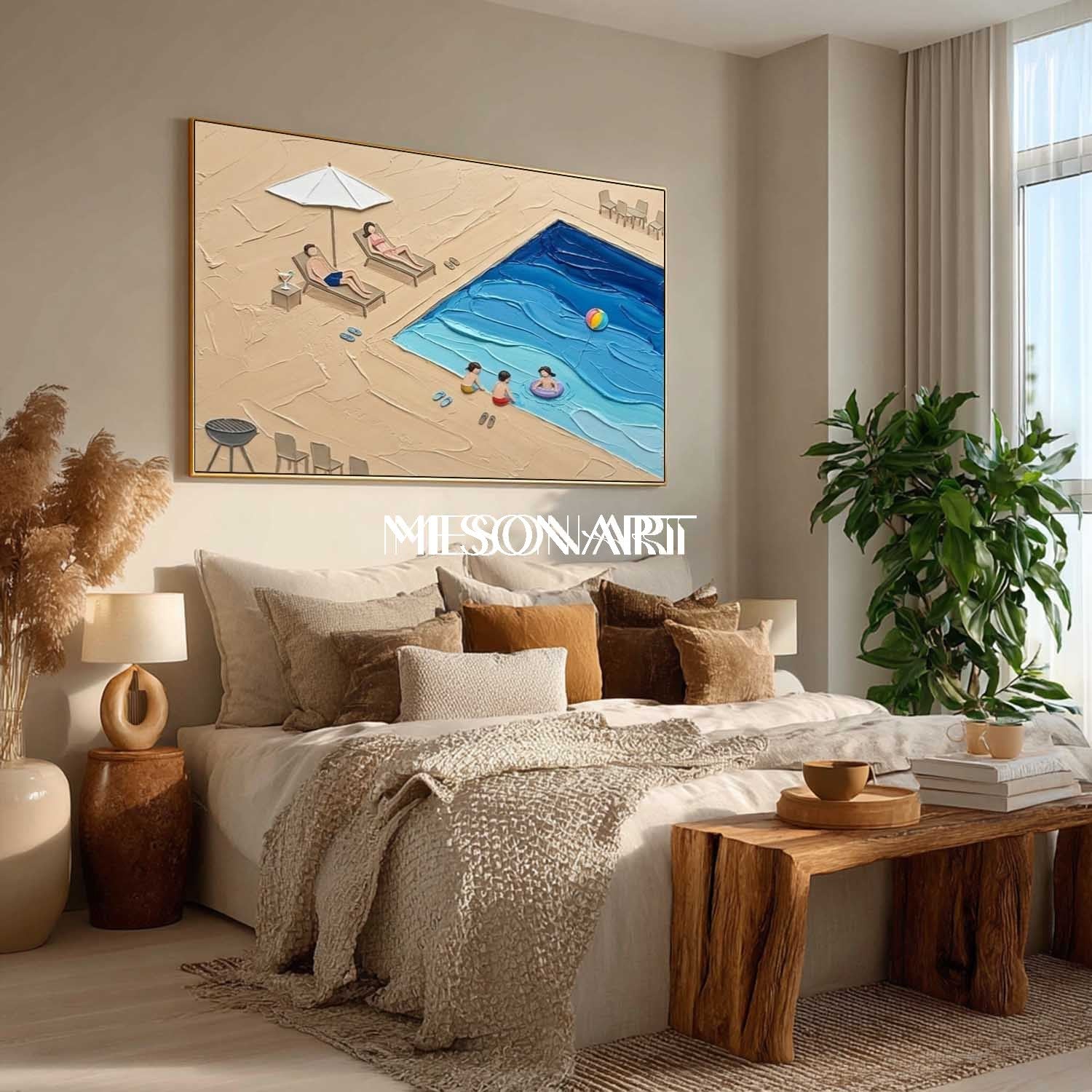 Summer Vacation Poolside Living Room Bedroom Decor Pool Family Impasto Painting Textured Wall Art