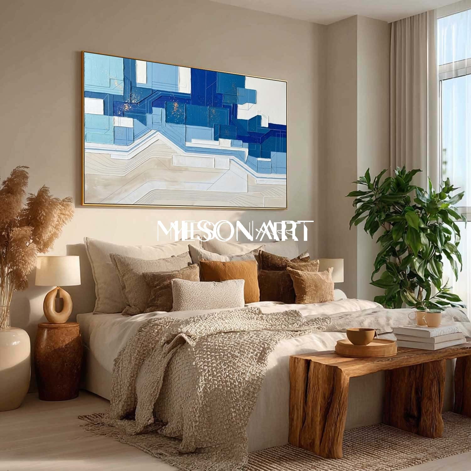 Coastal Modern Wall Decor Blue Abstract Geometric Painting Navy Blue Minimalist Art