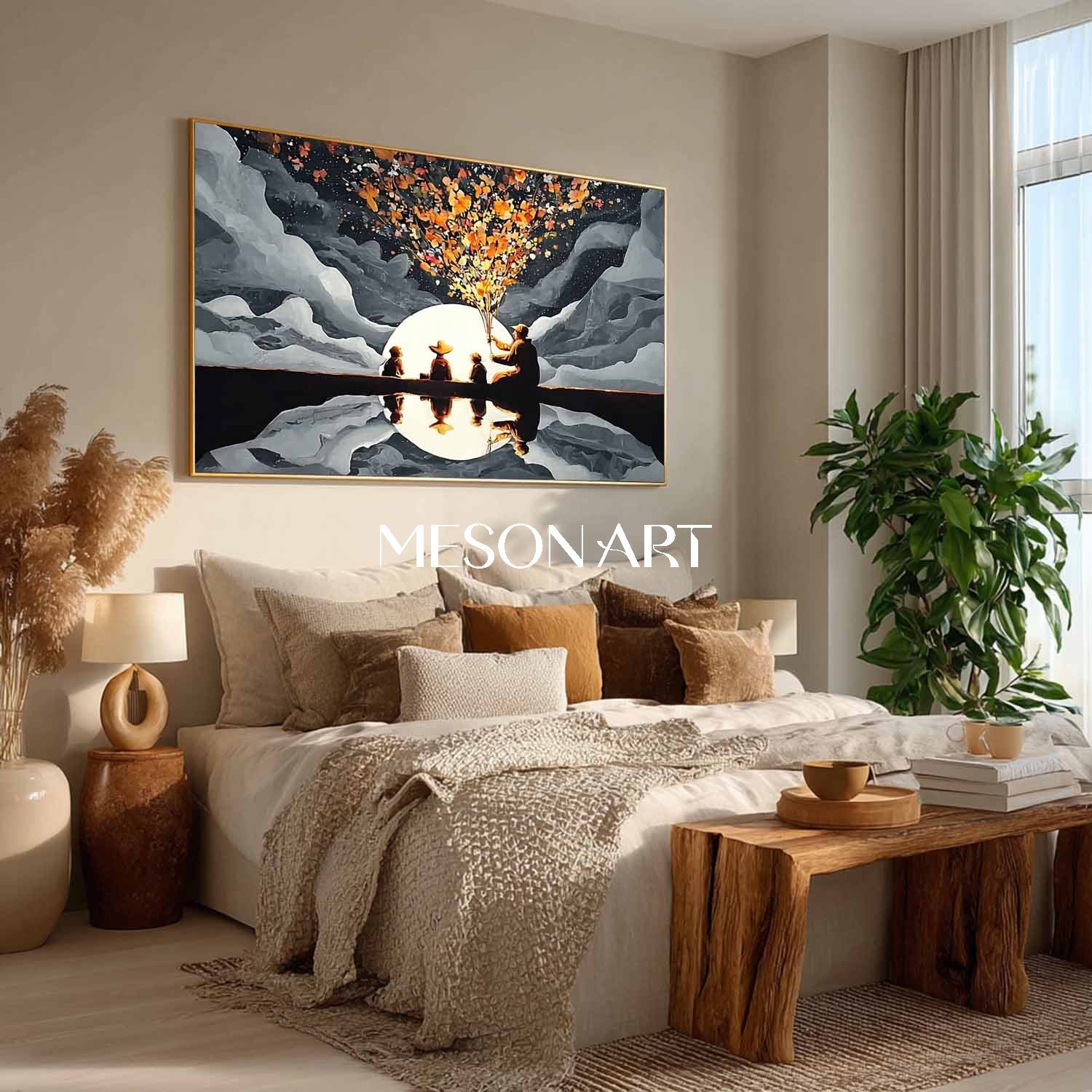 Surreal Moonlight Fireworks with Grandpa and Children – Dreamlike Family Art | Mesonart