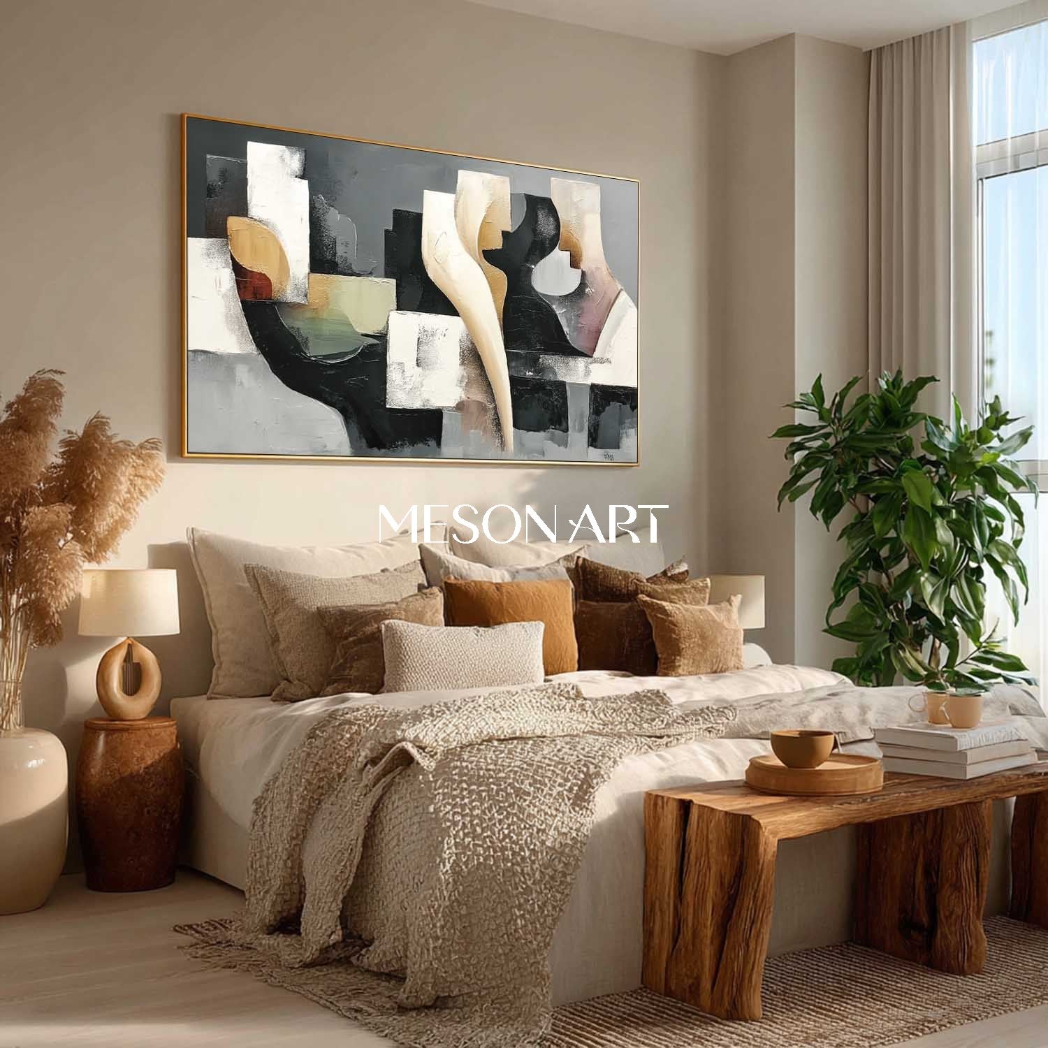 Buy Abstract Geometric Oil Painting Black White Cubist Modern Canvas