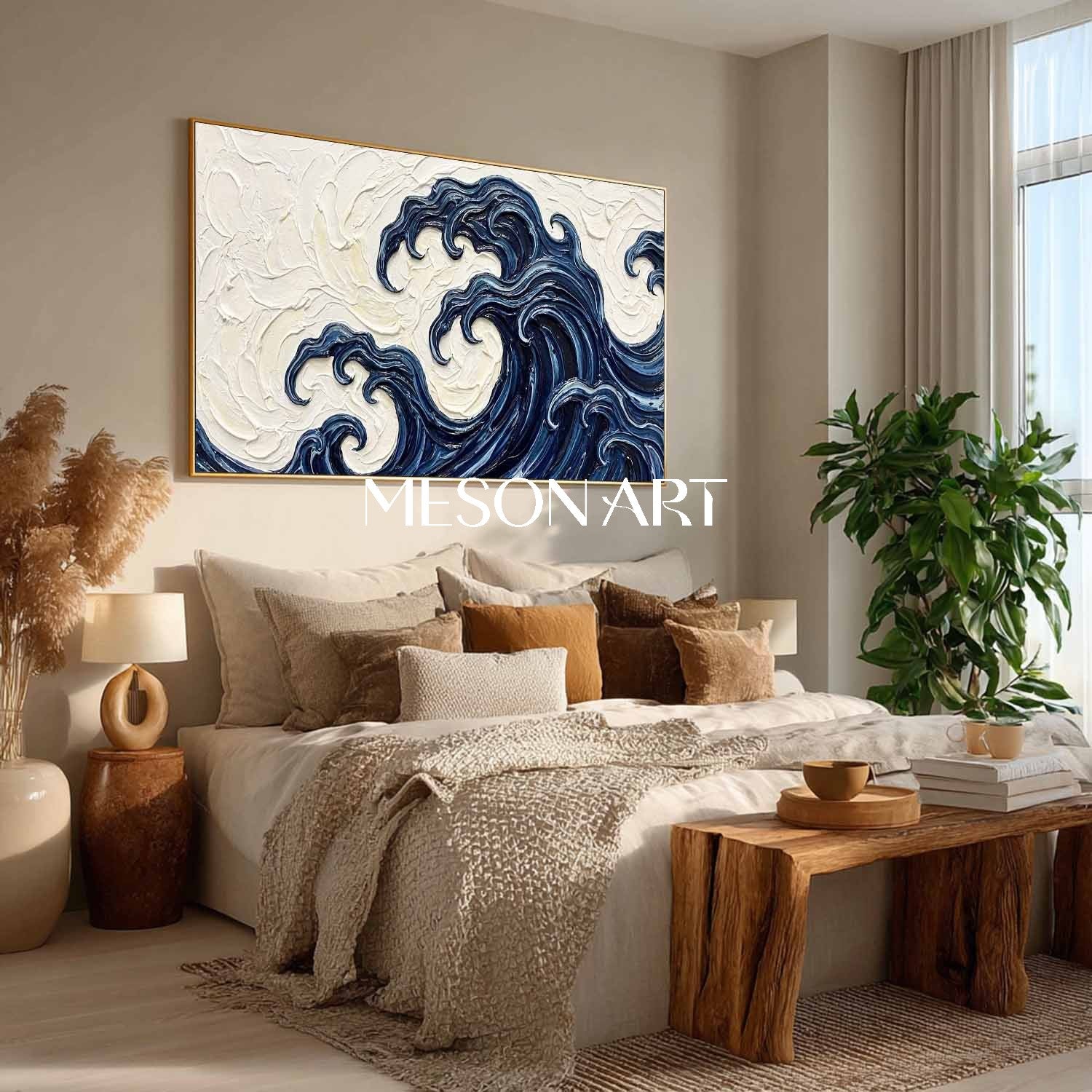 Large 3D Textured Great Wave Oil Painting On Canvas | Abstract Blue Ocean Impasto Wall Art | Handmade Hokusai Style Plaster Coastal Decor For Living Room | MesonArt
