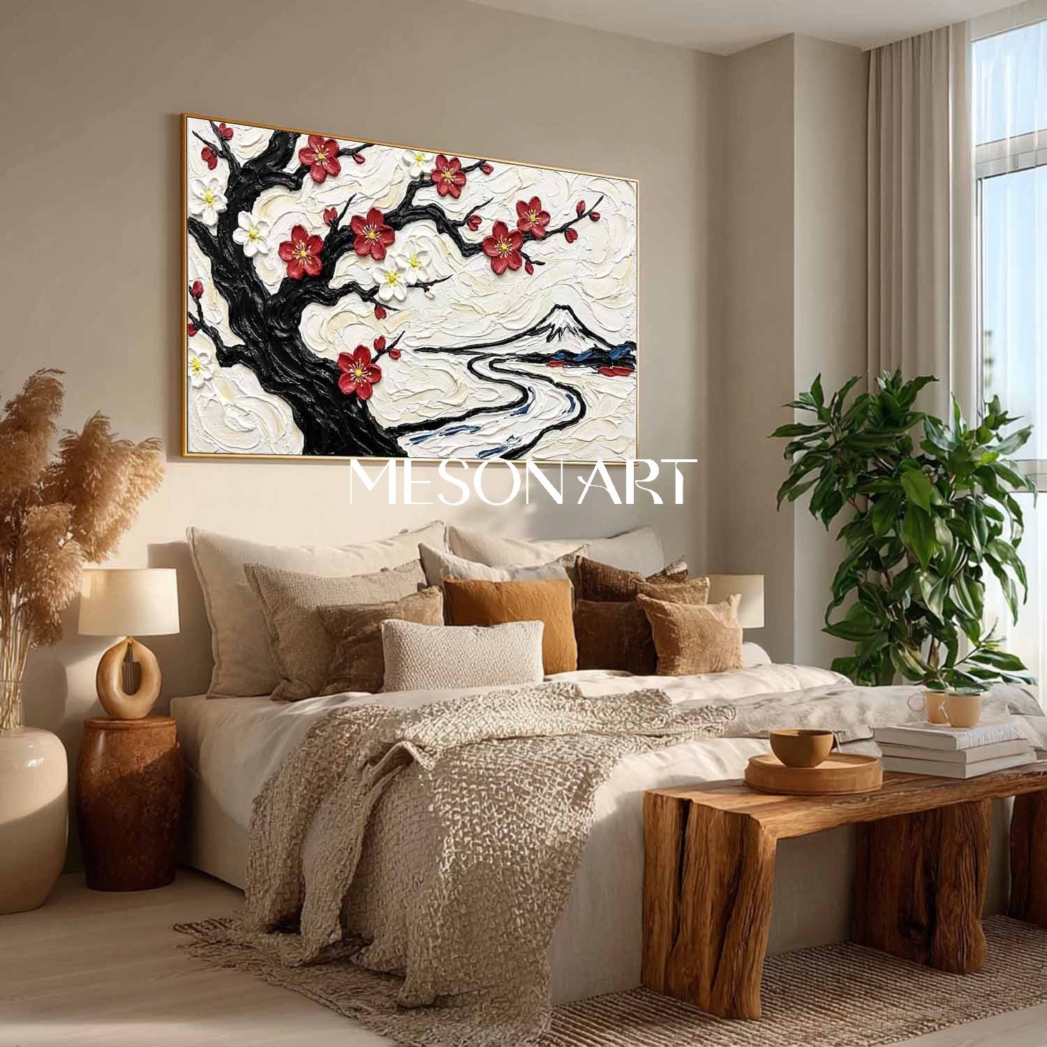 3D Textured Plum Blossom & Mount Fuji Oil Painting | Impasto Canvas Wall Art | MesonArt