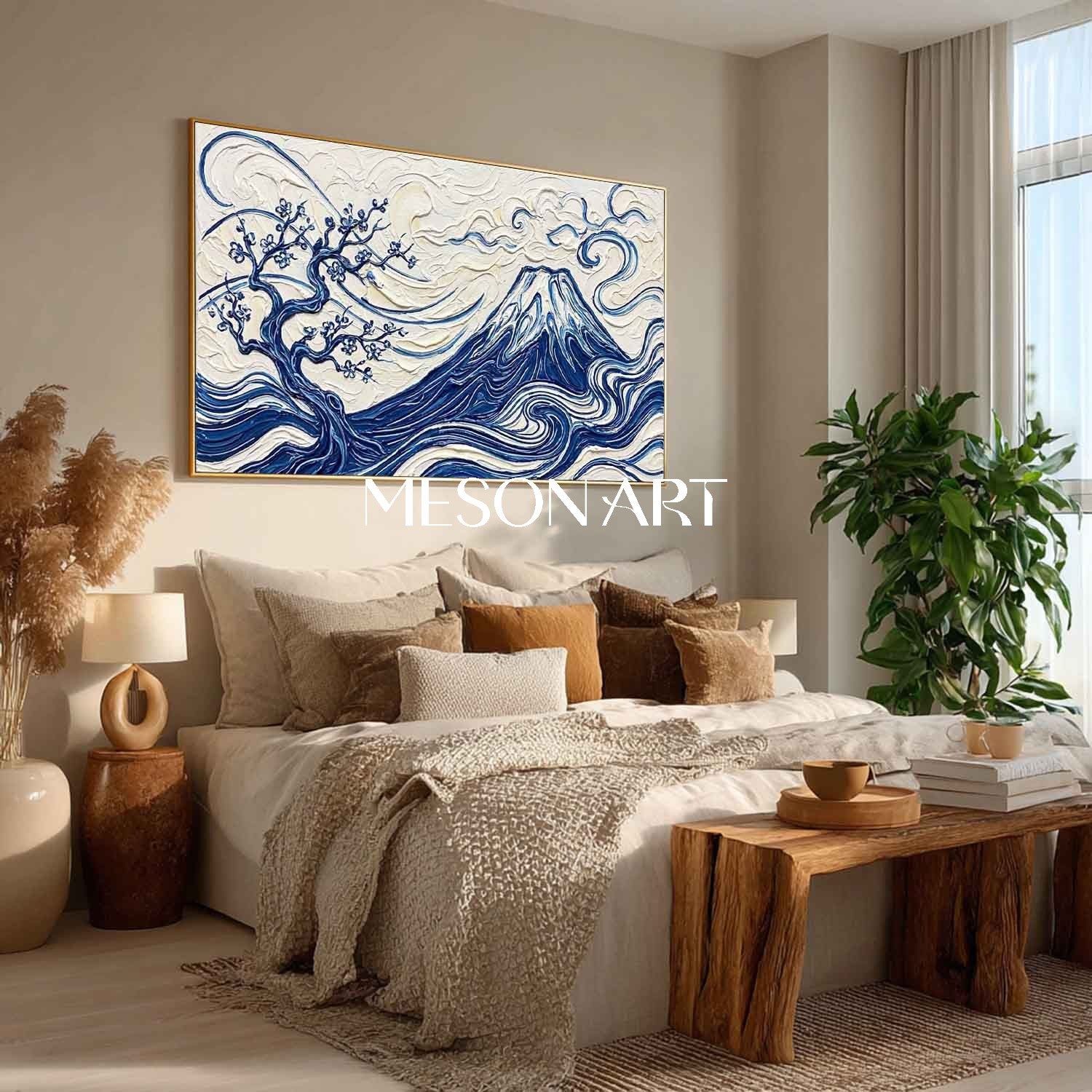 MesonArt 3D Textured Mount Fuji Oil Painting - Blue White Impasto Canvas Wall Art for Living Room