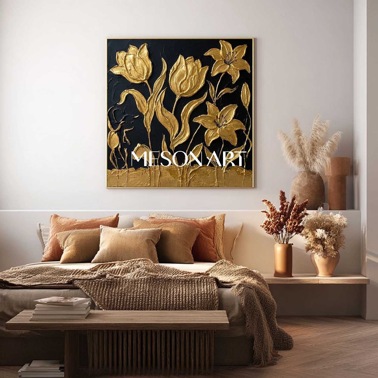 Handmade Black And Gold Tulip Oil Painting Luxury Canvas Painting