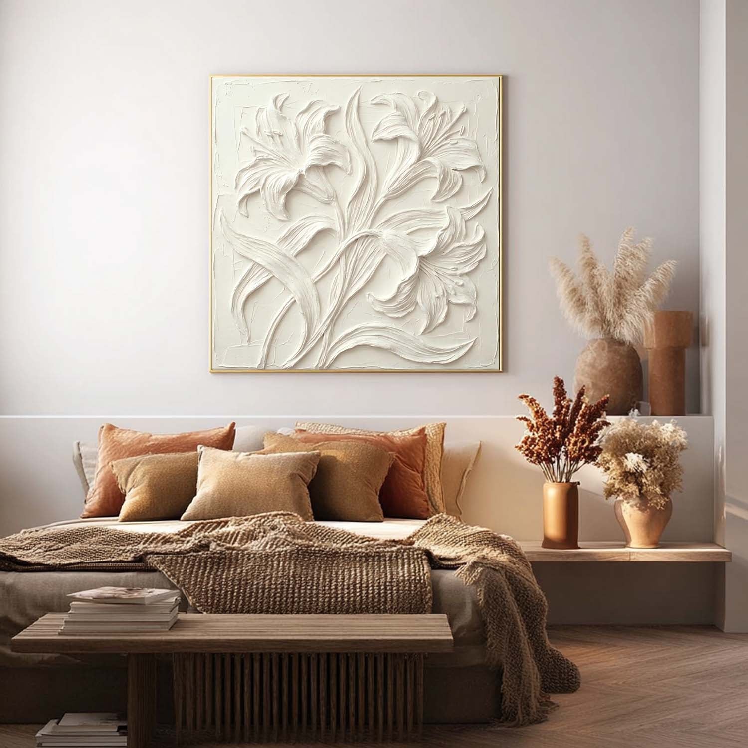 3D Lily Flower Textured Wall Painting, Lily Flower Plaster Canvas Art