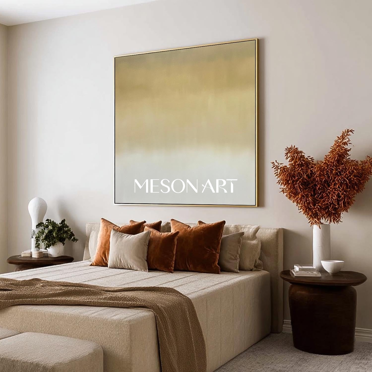 Medieval Earthy Abstract Art, Minimalist Yellow and Gray Canvas Wall Decoration