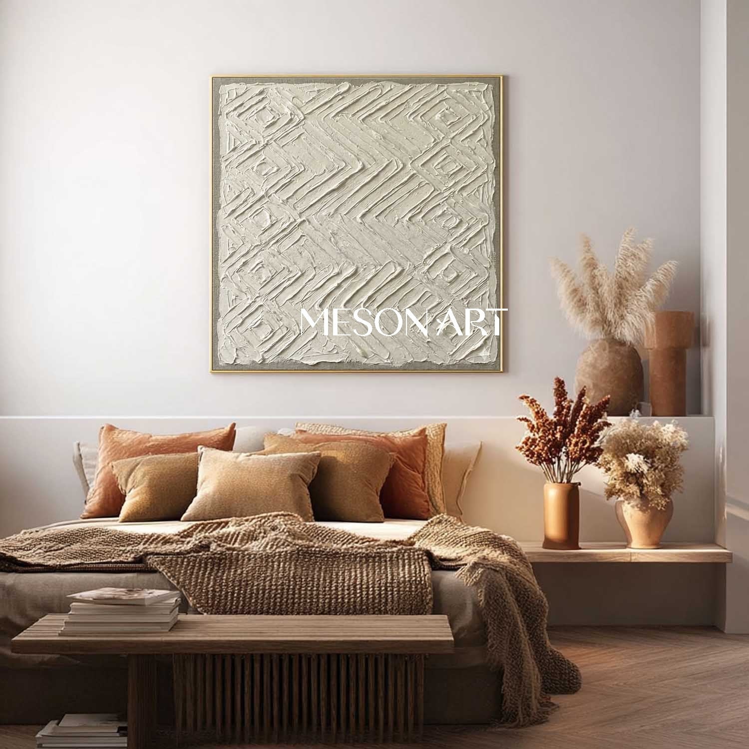 Handmade Textured Canvas Art White Aztec Relief With Gold Frame Neutral Boho Decor For Living Room