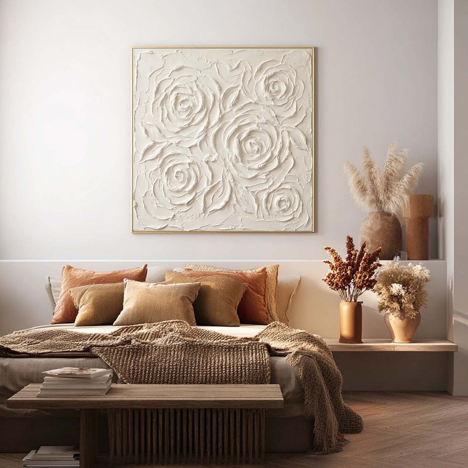 Square 3D Textured Rose Canvas With Gold Floating Frame Elegant Minimalist Decor For Bedroom
