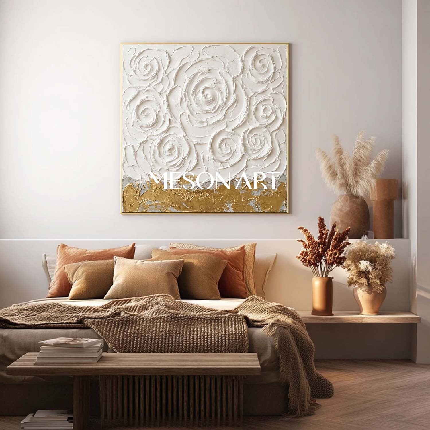3D Textured White Rose Canvas Art | Gold Foil Plaster Painting