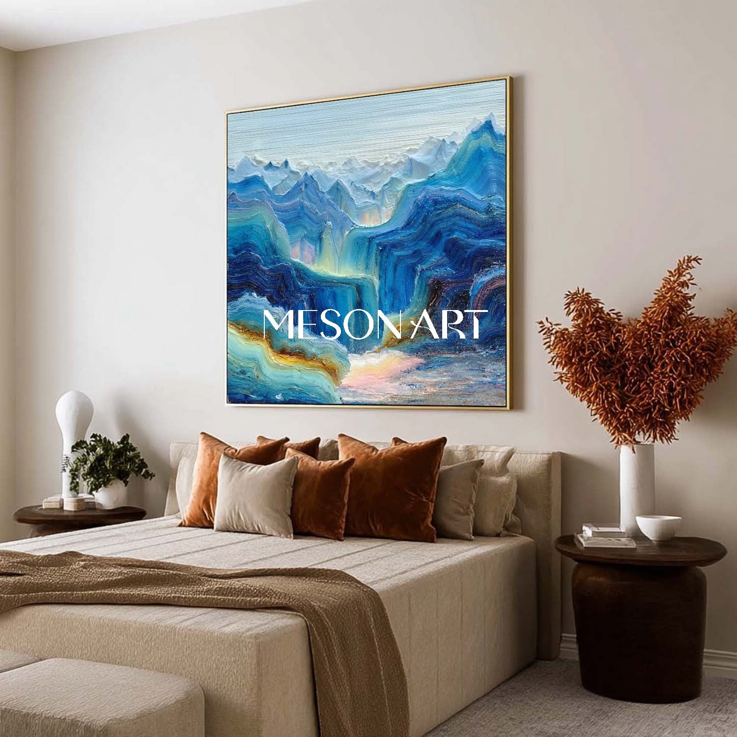 Cloudbound Heights – Blue Textured Mountain Wall Art with Fog