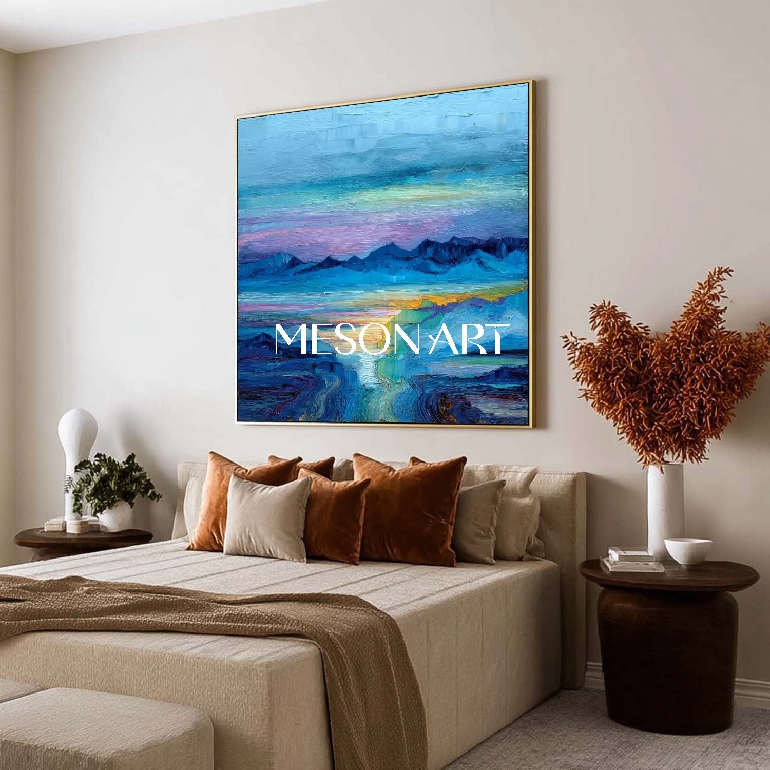 Hazy Horizon Canvas Art – Abstract Mountain and Ocean Wall Decor
