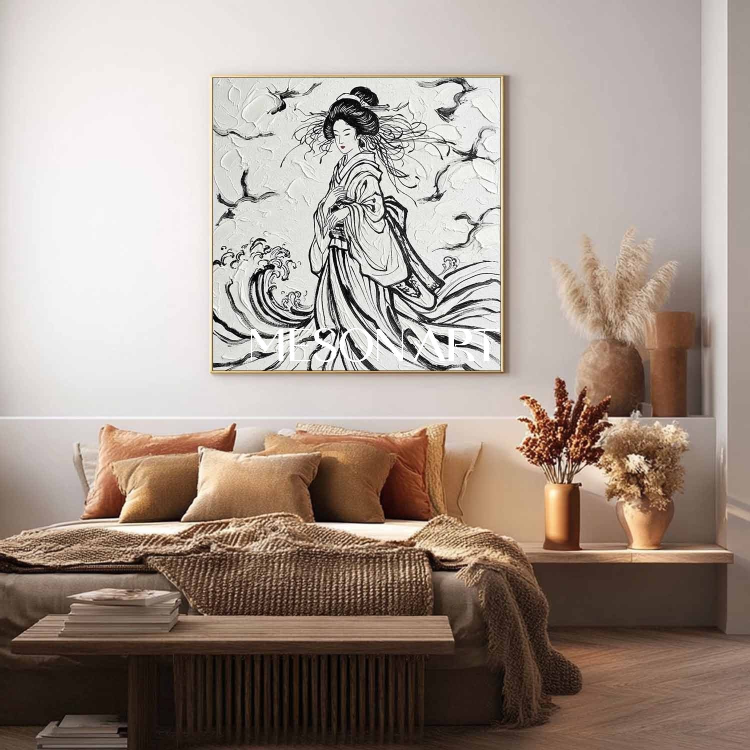 Hand Painted 3D Textured Geisha Canvas Art | Black And White Abstract Asian Wall Decor For Living Room