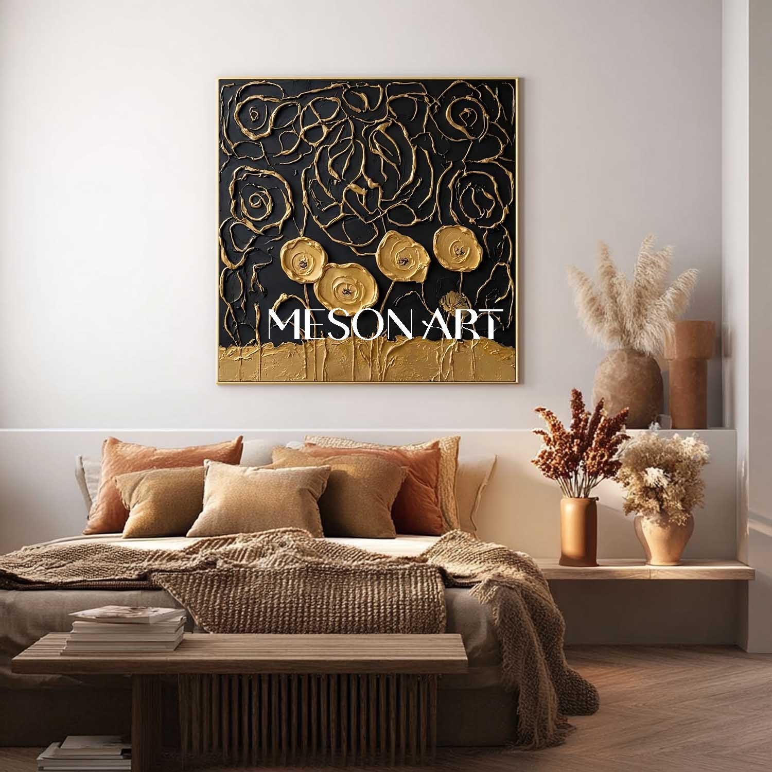 Black And Gold Abstract Rose Swirl Art | 3D Line Texture Decor