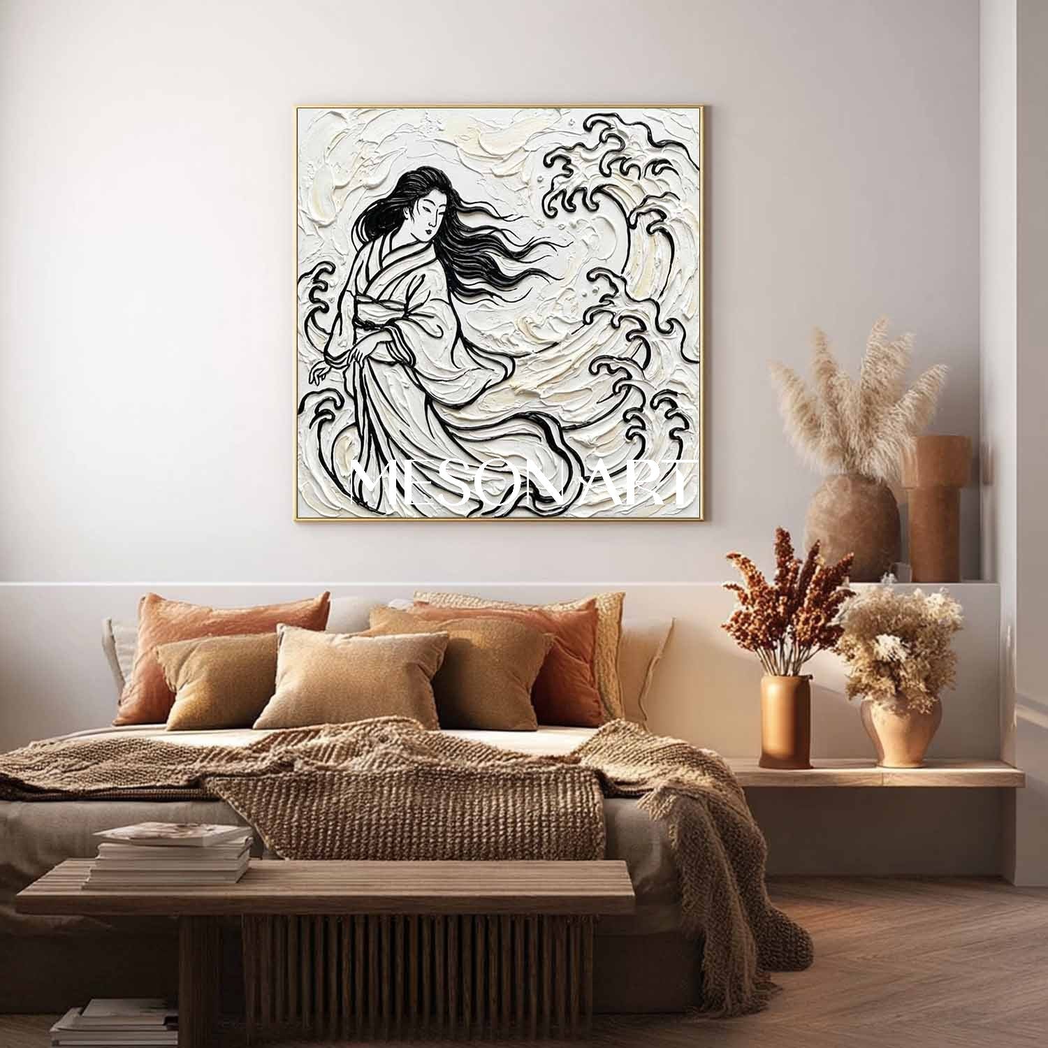 MESON ART | 3D Textured Wave & Lady Square Canvas - Gold Framed