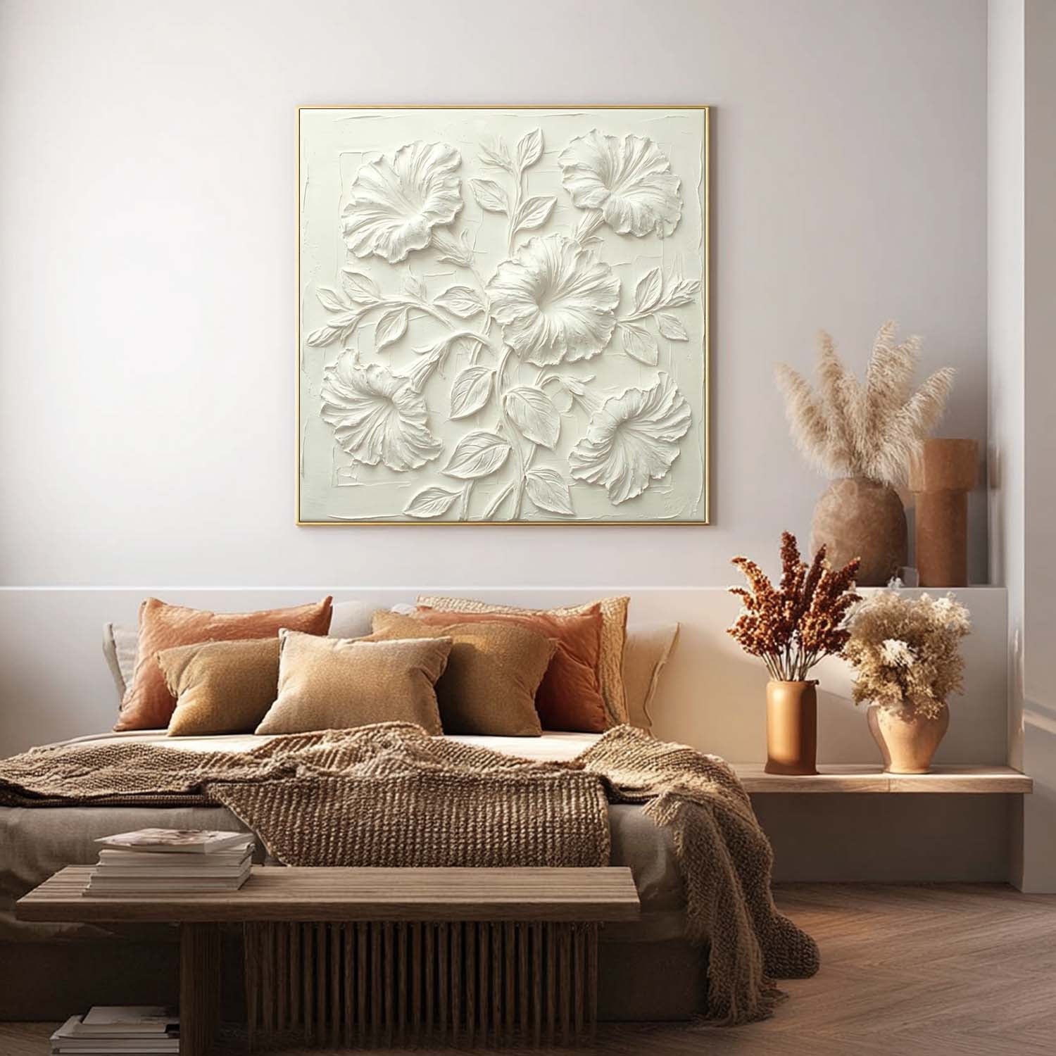 Gold Framed 3D White Petunia Art | Textured Trumpet Flower Decor