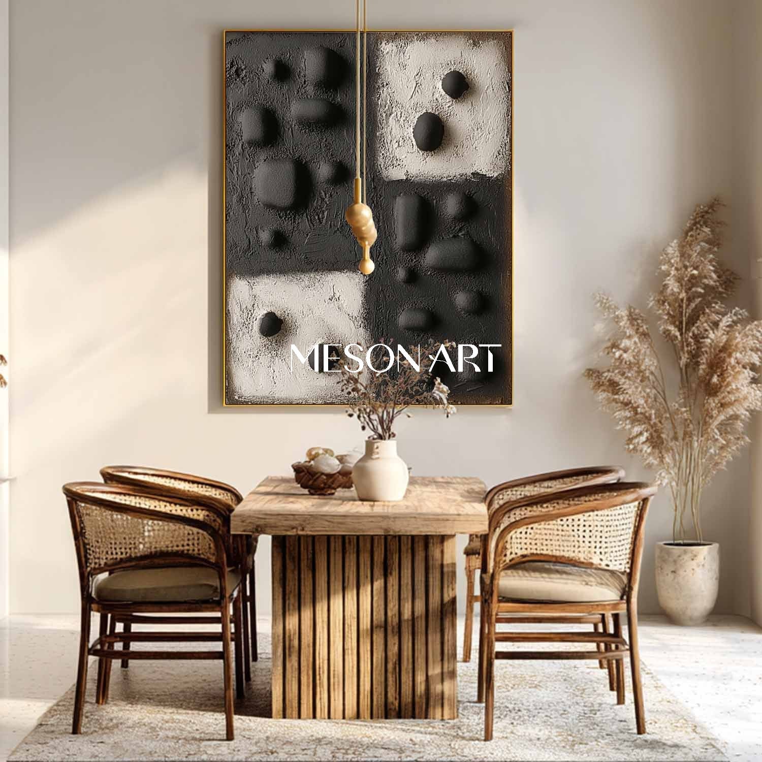 Oversized 3D Textured Abstract Painting – Black and White Canvas Artwork for Luxury Homes