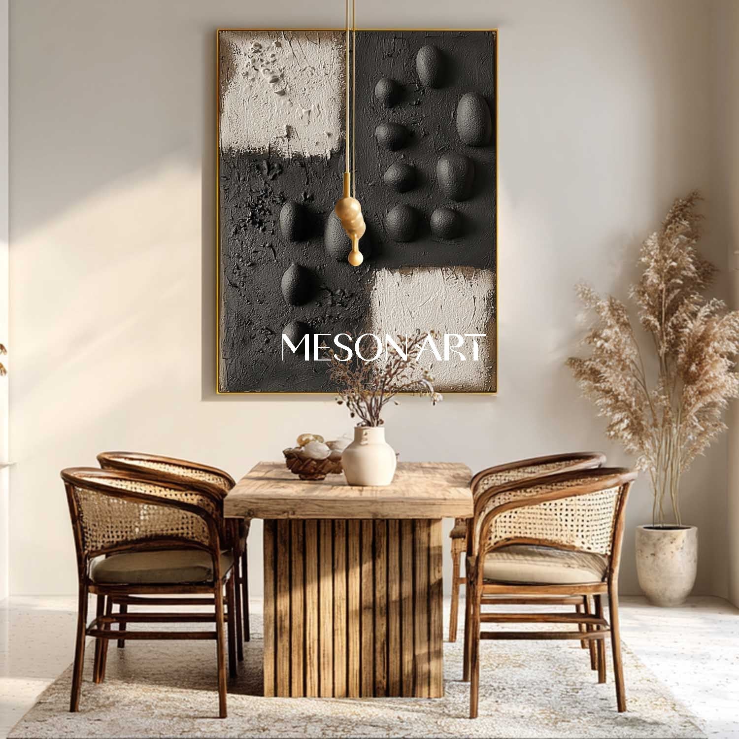 Handcrafted Monochrome 3D Texture Art – Unique Black & White Wall Accent for Modern Dining Rooms