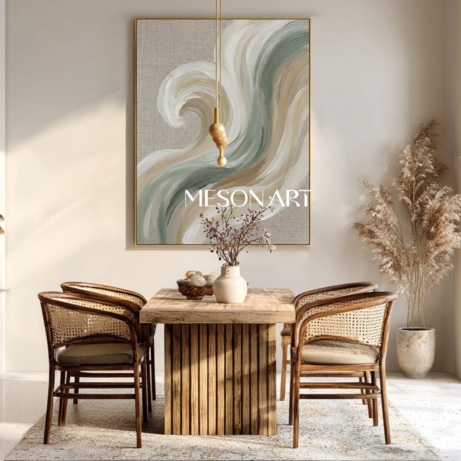 Vertical Sage Green & Beige Wave Art | Textured Modern Coastal Abstract Canvas