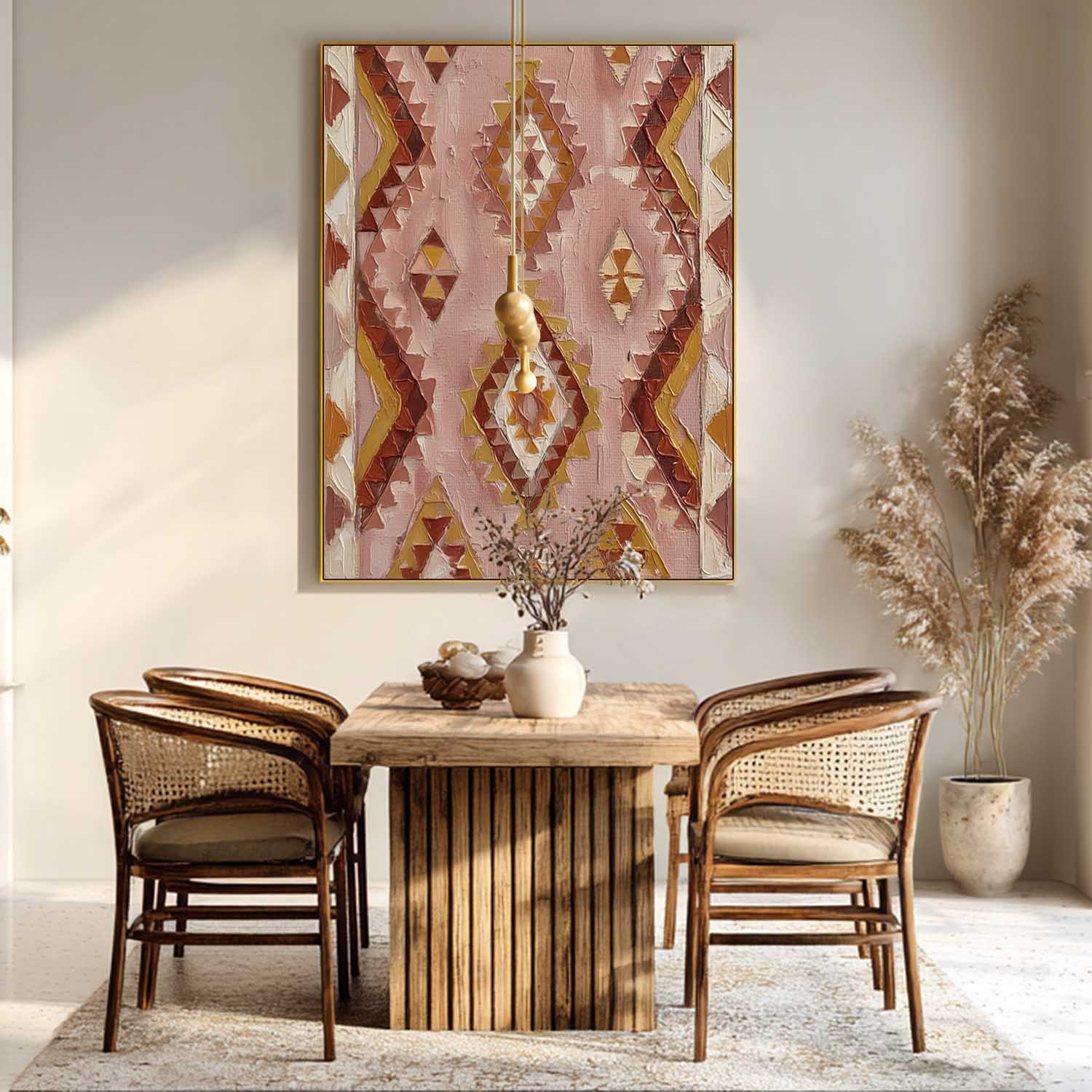 Handmade Boho Geometric Oil Painting, 3D Textured Pink And Mustard Tribal Pattern Canvas