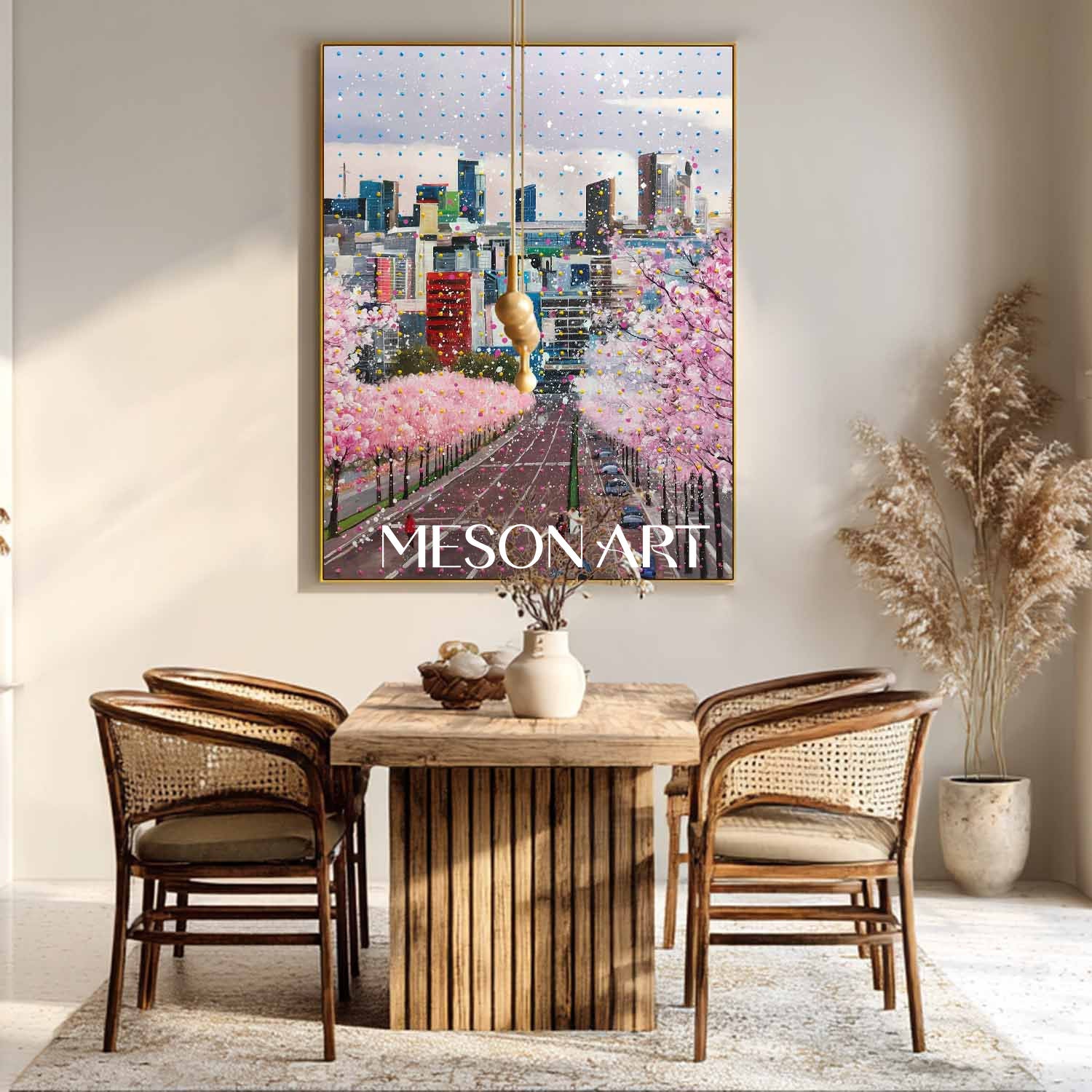 Sakura City Street Canvas Painting Contemporary Cherry Blossom Urban Wall Art