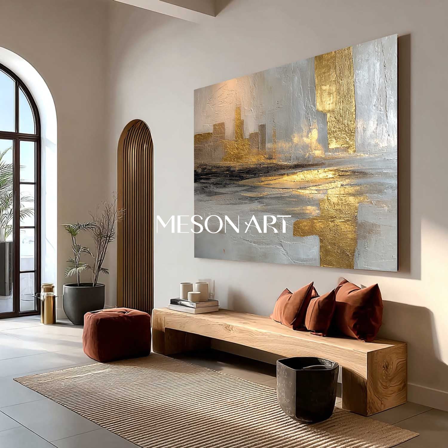 Textured Surreal City Skyline Painting Contemporary Gold-Accented Canvas Art