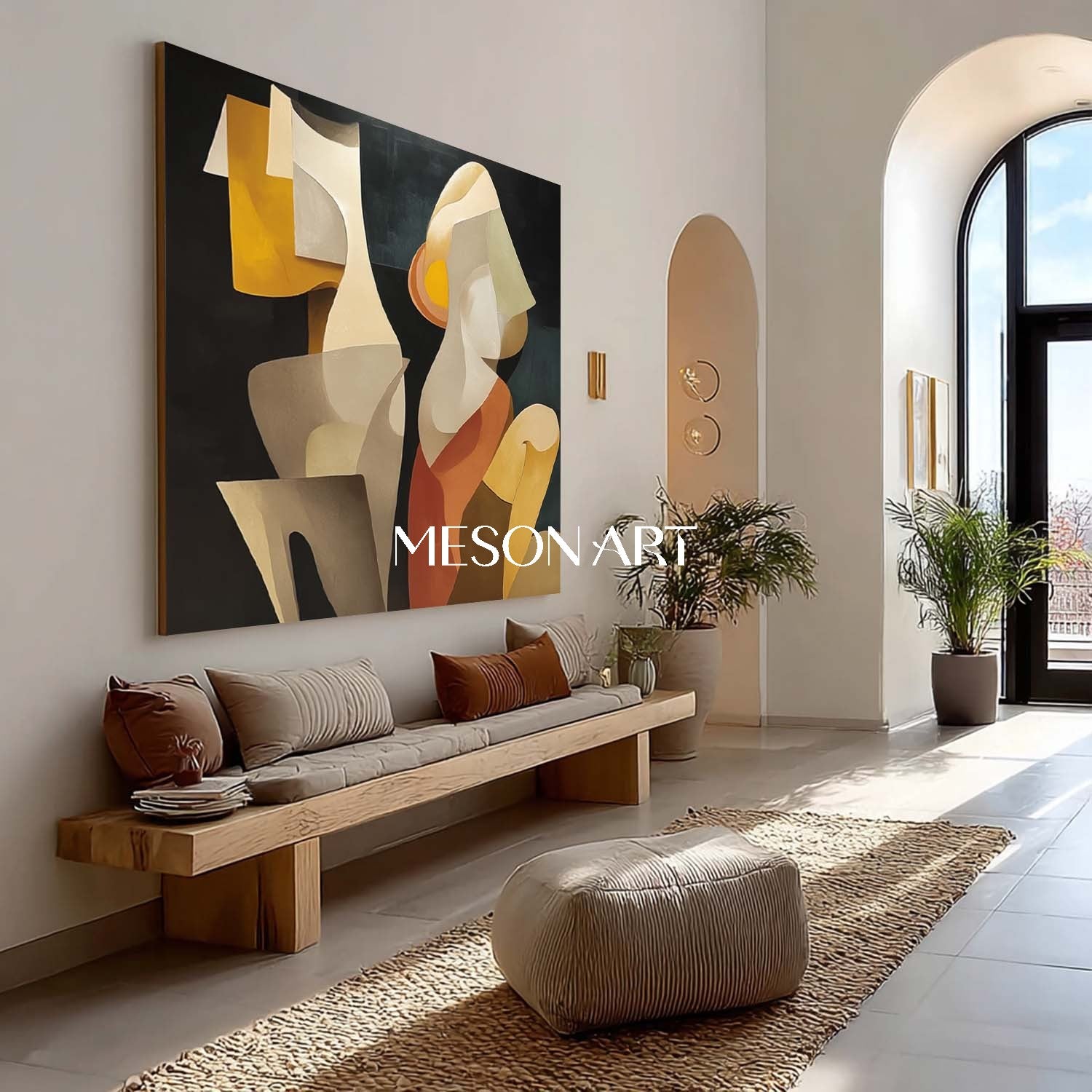 Large Black Canvas Minimalist Painting Horizontal Cubist Figure Art