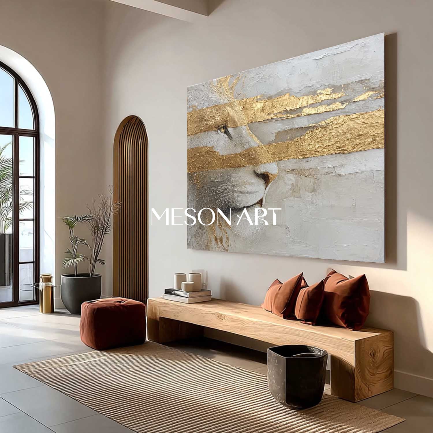 Luxury Lion Wall Art Golden Abstract Animal Painting for Modern Home Decor