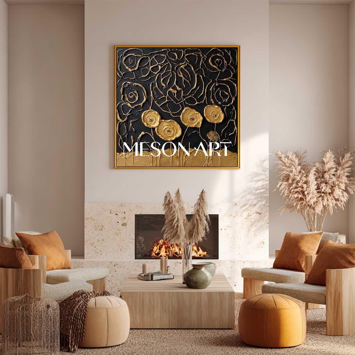 Black And Gold Abstract Rose Swirl Art | 3D Line Texture Decor