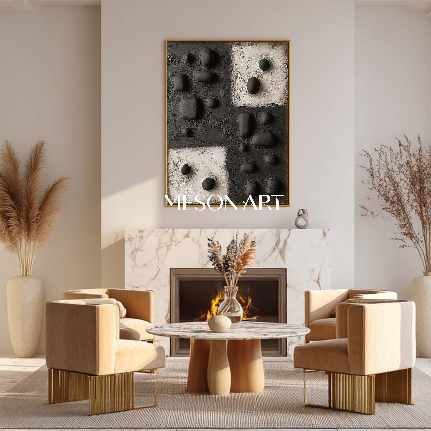 Oversized 3D Textured Abstract Painting – Black and White Canvas Artwork for Luxury Homes