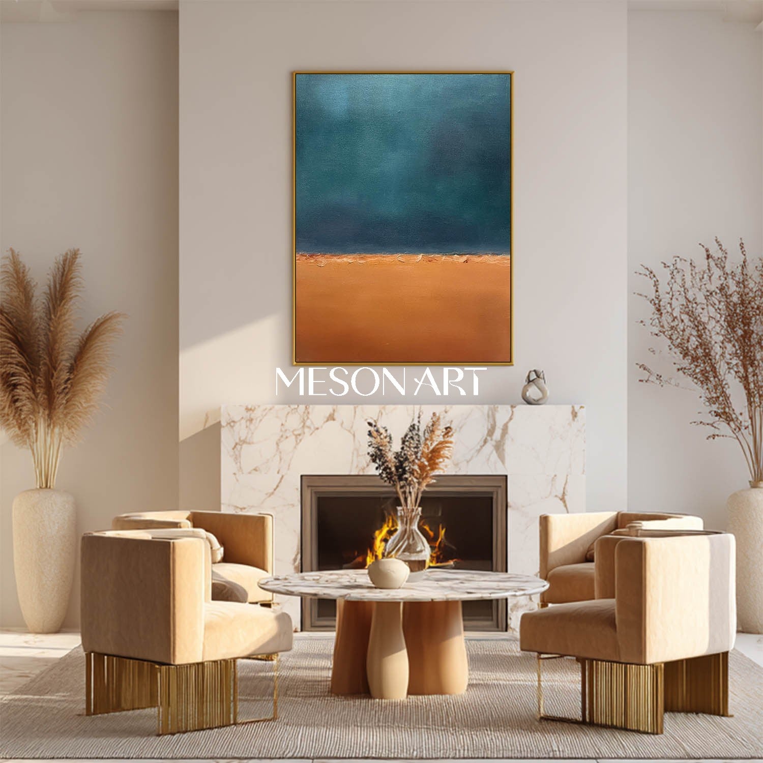 Medieval Blue Abstract Art: Blue and Orange Minimalist Abstract Art Canvas