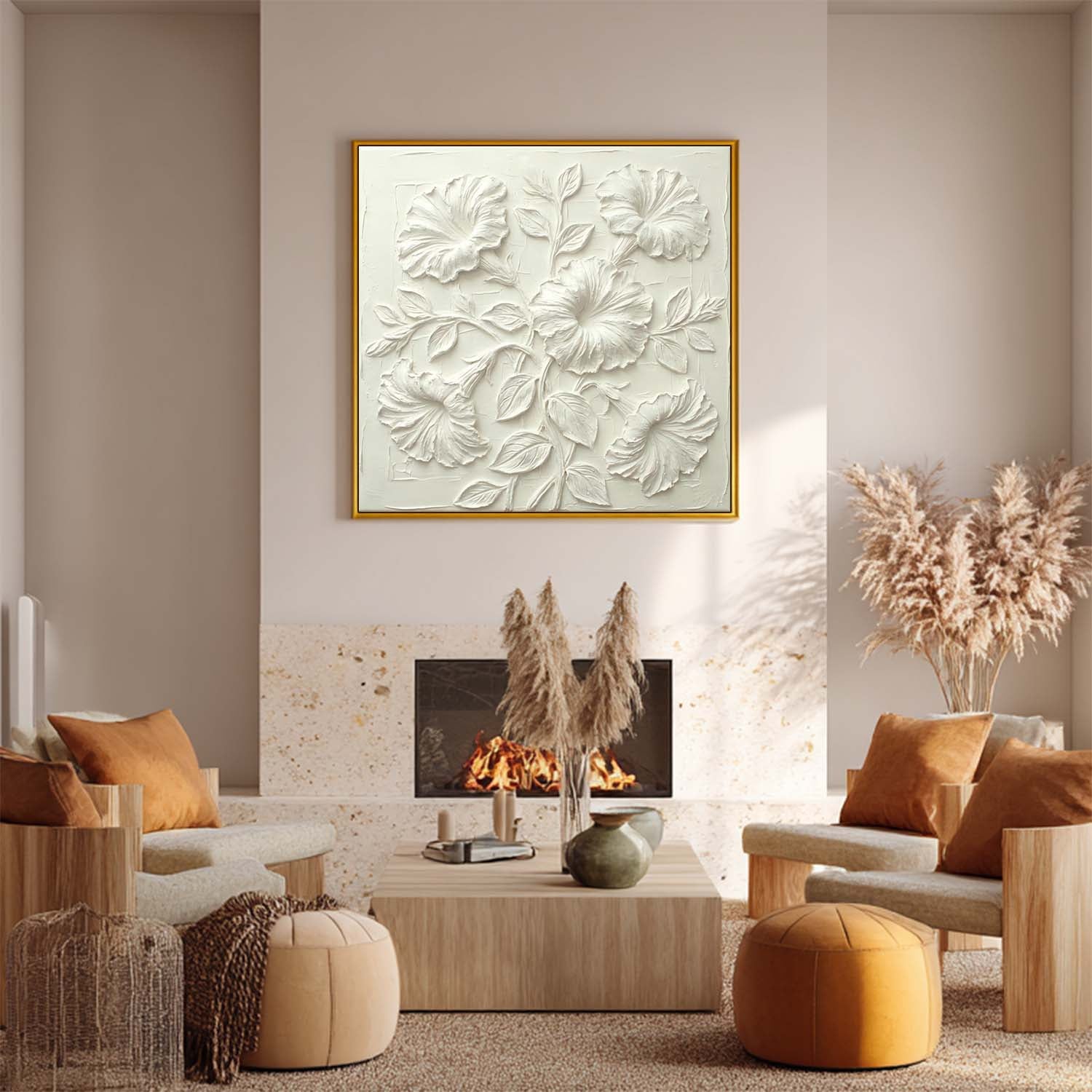 Gold Framed 3D White Petunia Art | Textured Trumpet Flower Decor