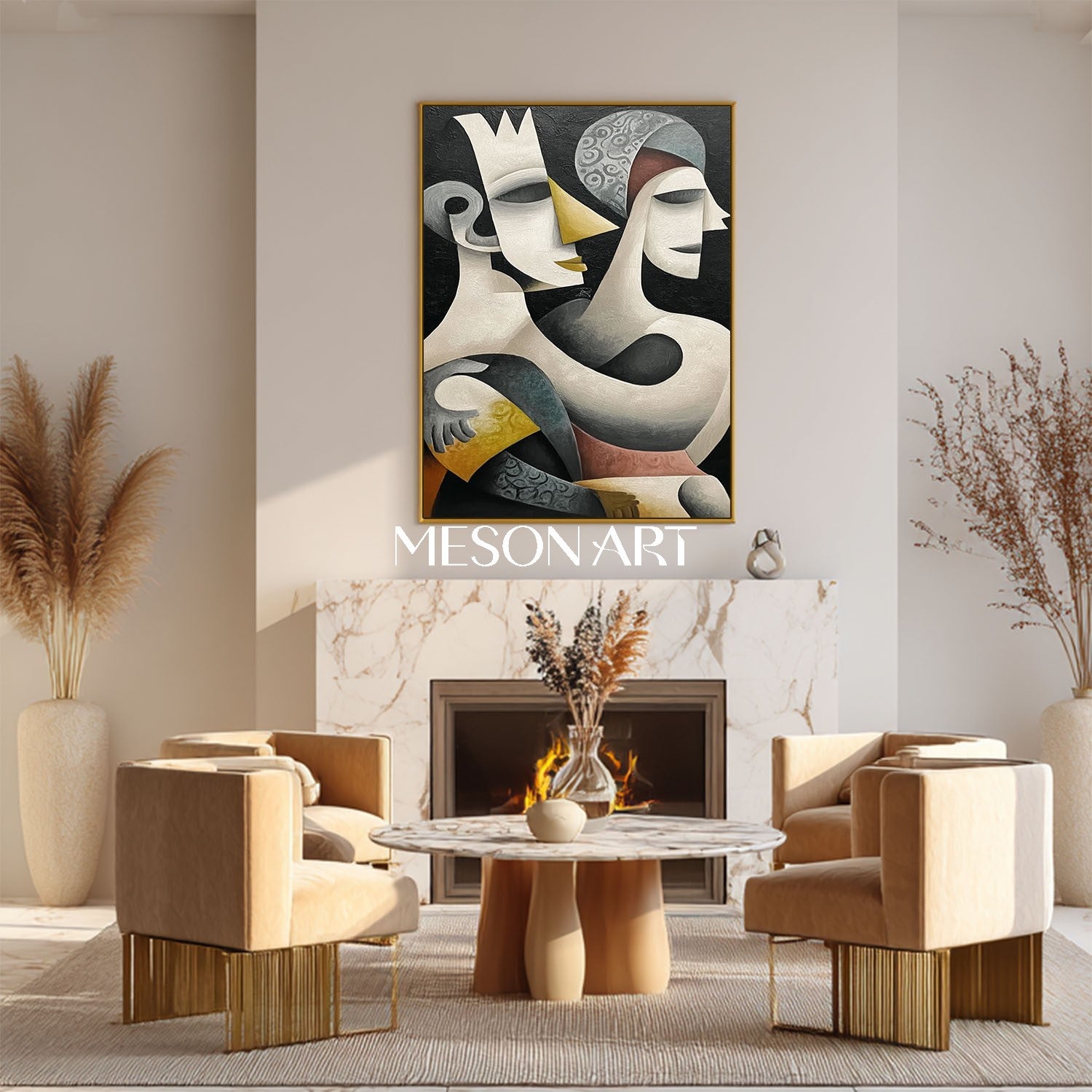 Oversized Black Abstract Art Vertical Canvas Cubist Hallway Wall Decor