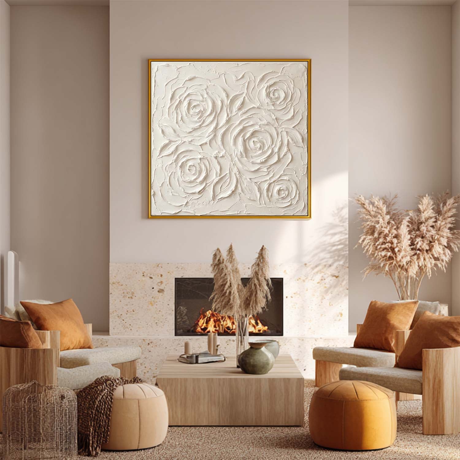 Square 3D Textured Rose Canvas With Gold Floating Frame Elegant Minimalist Decor For Bedroom
