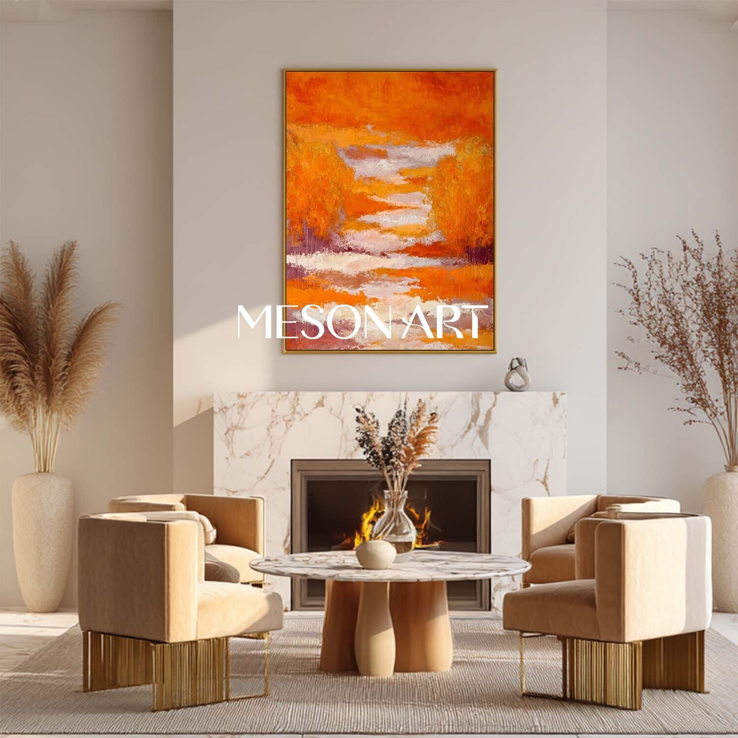 Autumn Colors Fall Wall Art Modern Abstract Orange Painting for Home