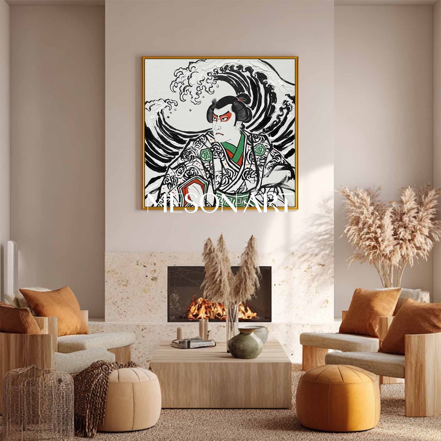 Textured Great Wave Kabuki Art - 3D Plaster Japanese Canvas Painting