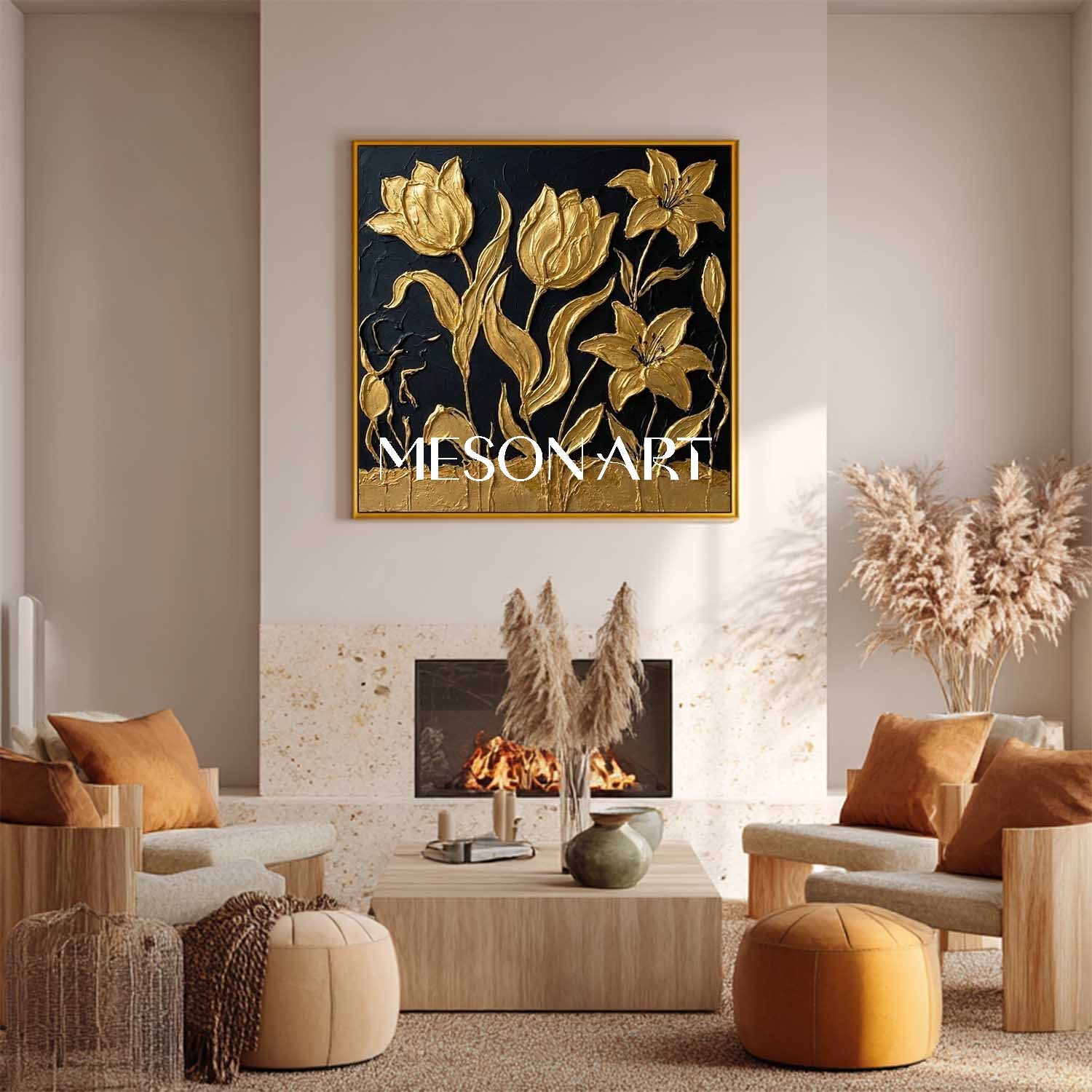 Handmade Black And Gold Tulip Oil Painting Luxury Canvas Painting