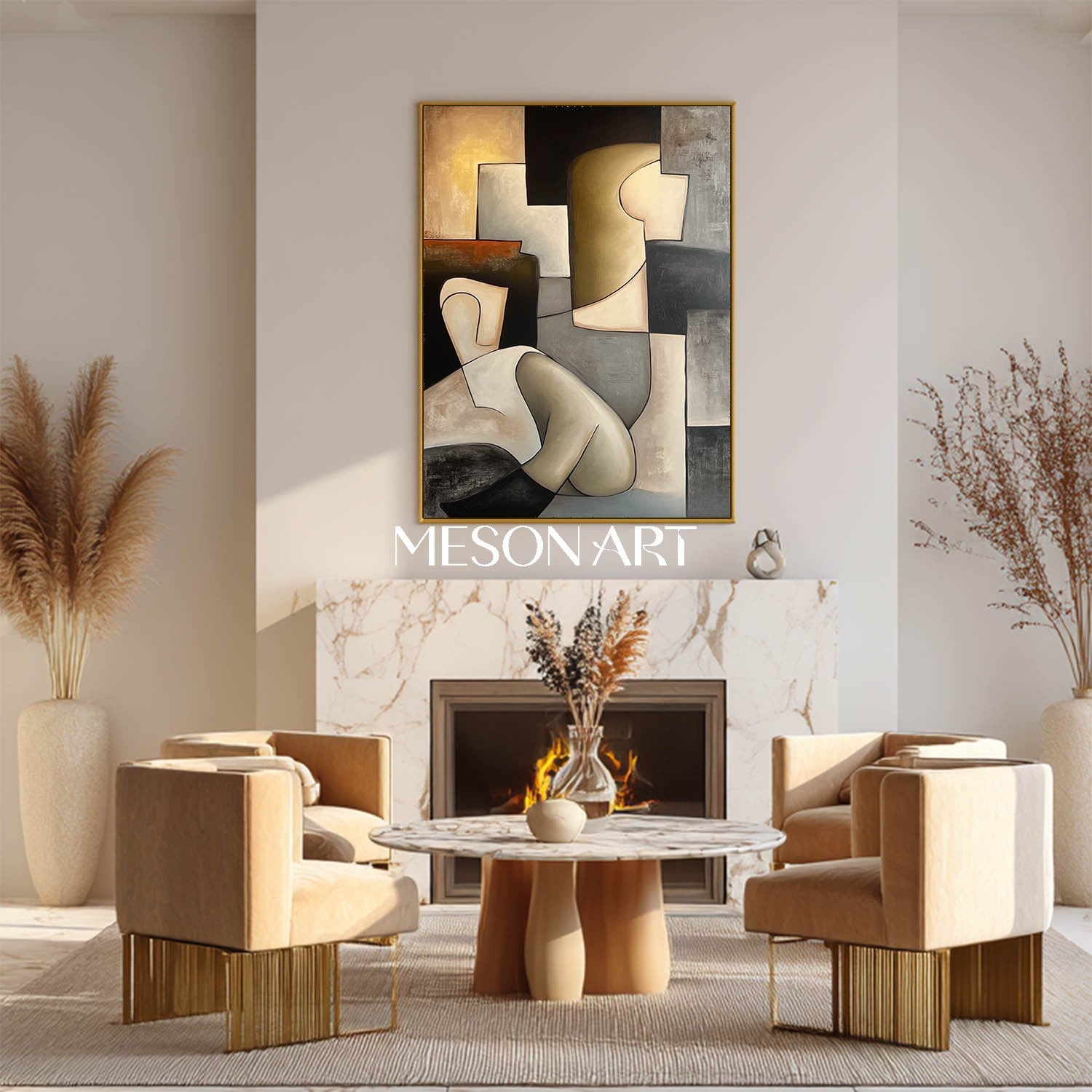 Large Picasso Style Cubist Oil Painting Black Gold Wall Art Bathroom